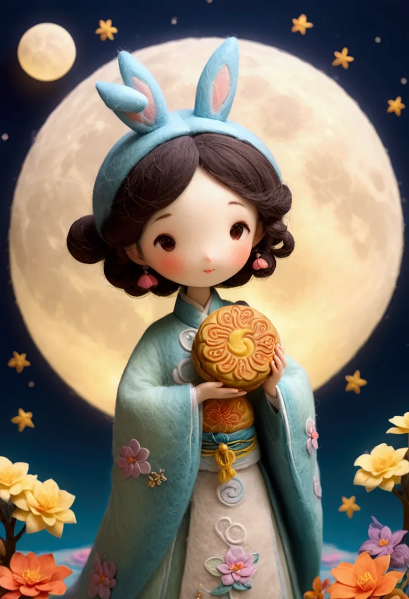 microphotography,felt style,1 girl wearing hanfu,felt clothing looks soft and warm in the moonlight,she stood under the bright m...