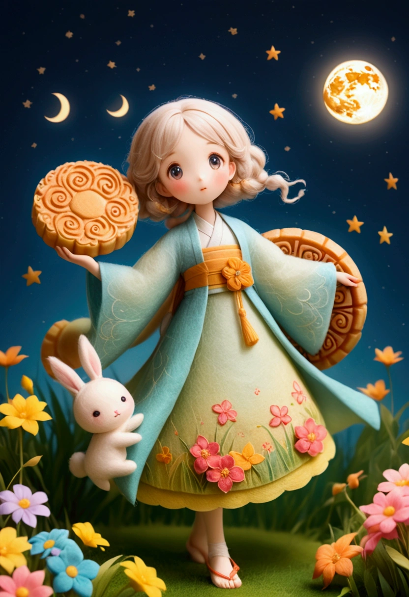 Miniature landscape photography,Felt style,1 cute girl wearing Hanfu,big eyes,Felt clothing looks soft and warm in the moonlight,The moon is painted with"Mid-Autumn Festival",She stood under the bright moon,Dancing lightly,Surrounded by the tranquil night sky and hazy clouds,There are also shining stars,beside the girl is a huge round mooncake,Looks sweet and delicious,Side,A cute rabbit is holding another moon cake,colorful flowers and grass,the girl is enjoying the joy brought by the festival,the whole scene is full of life and fun,3D Photography,