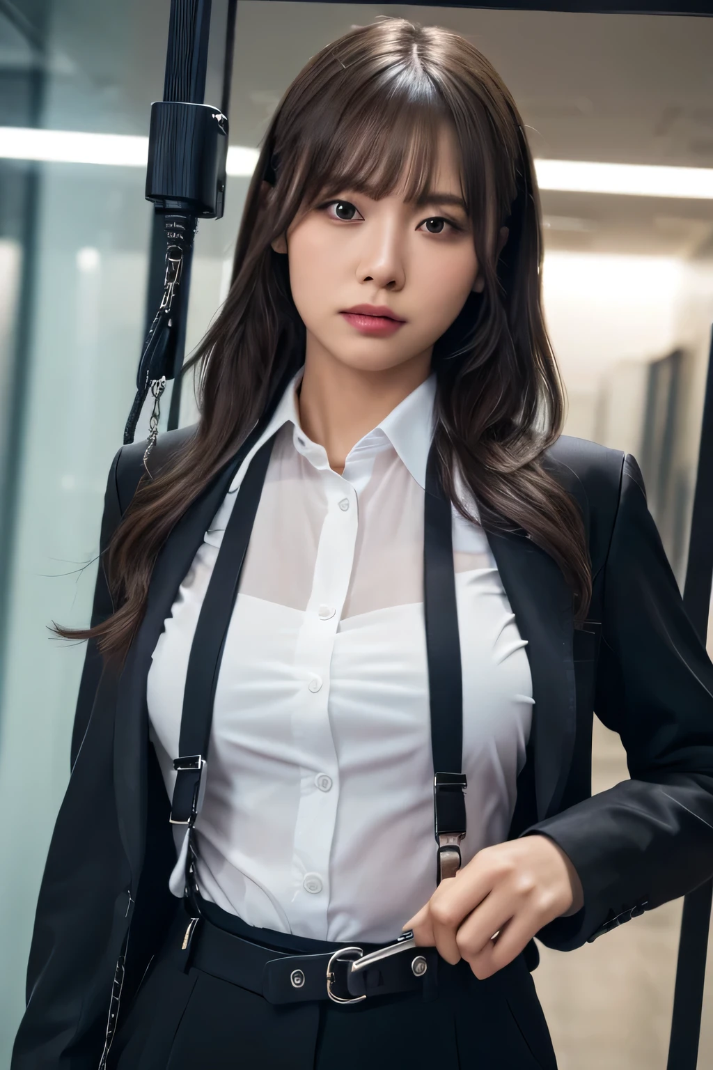 a woman in a suit, belt, hands behind back, sweating, suspenders, black pants, sexly, large breasts, see-through clothing, rain, detective, office worker, white button-up shirt, (best quality,4K,8k,highres,masterpiece:1.2),ultra-detailed,(realistic,photorealistic,photo-realistic:1.37),hyper-detailed,highly detailed face and body, Slender　thin　suspenders　Moderate breasts　See-through shirt　Nipples　holster　chain　Pistol　Armament　criminal　Female criminal　knife 　 Hands Behind Back　Constraints　handcuffs　Cable ties　Cable ties on thumbs
