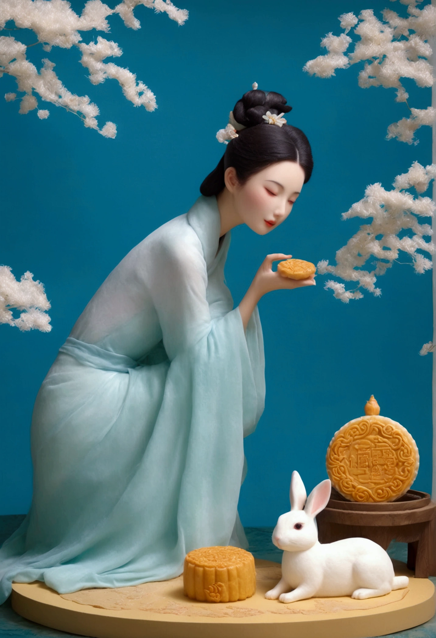 A beautiful woman and a white rabbit sit on a large mooncake, eating osmanthus tree mooncakes together. Behind them is a large pavilion with poster design and exquisite masterpiece. It is an 8K, 3D cartoon miniature scene, with a calm water surface background, blue water surface