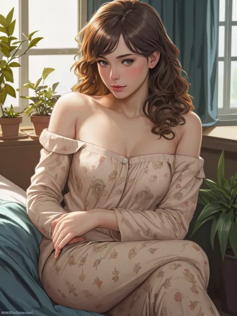 (photorealism:1.2), beautiful woman, sitting on bed, wearing loose off-shoulder top, pajama pants, long curly hair, indoors, sof...