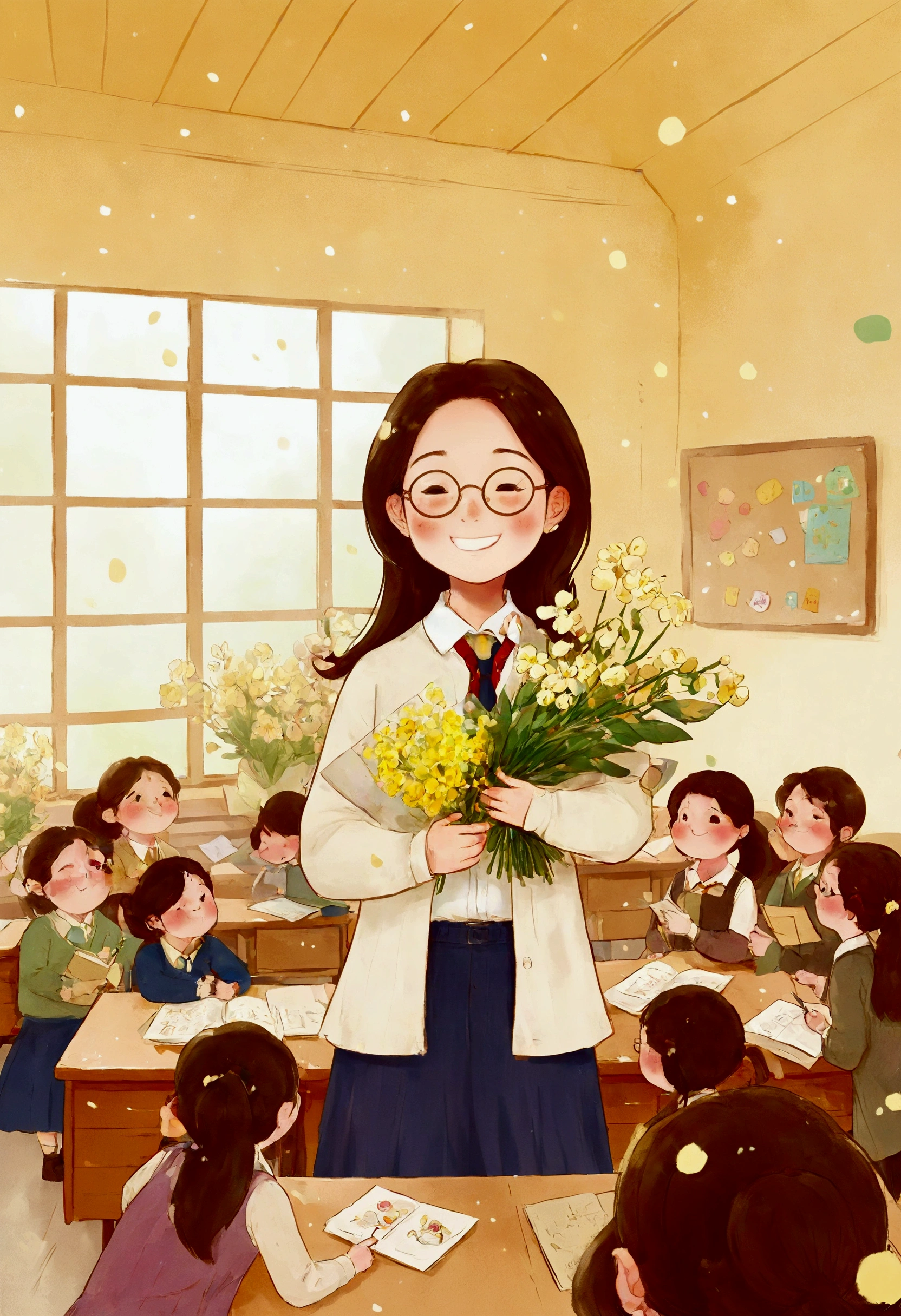 The classroom is filled with sunshine in the afternoon, A teacher wearing glasses happily holds flowers sent by students, warm tone, teacher's character design
