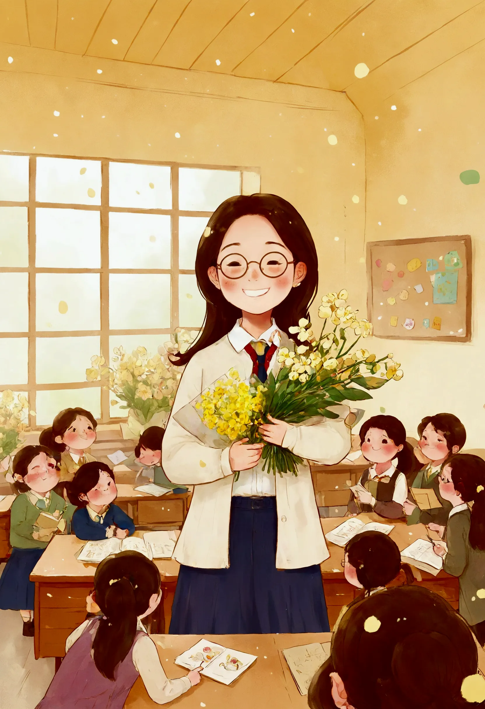 the classroom is filled with sunshine in the afternoon, a teacher wearing glasses happily holds flowers sent by students, warm t...