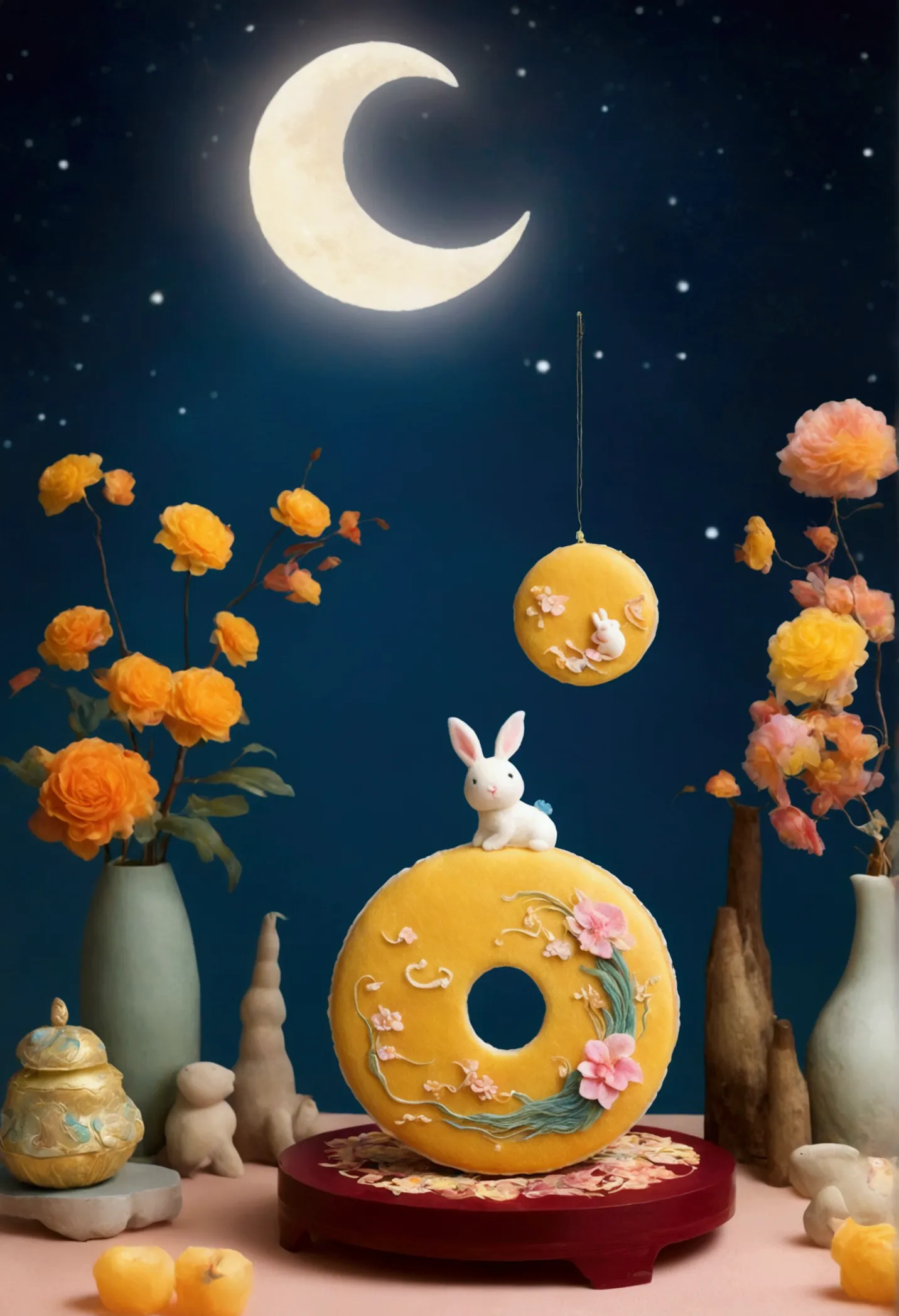 n the felt style of the picture, from the bird's eye view, a huge plush moon cake looks like a warm island, lying quietly there,...