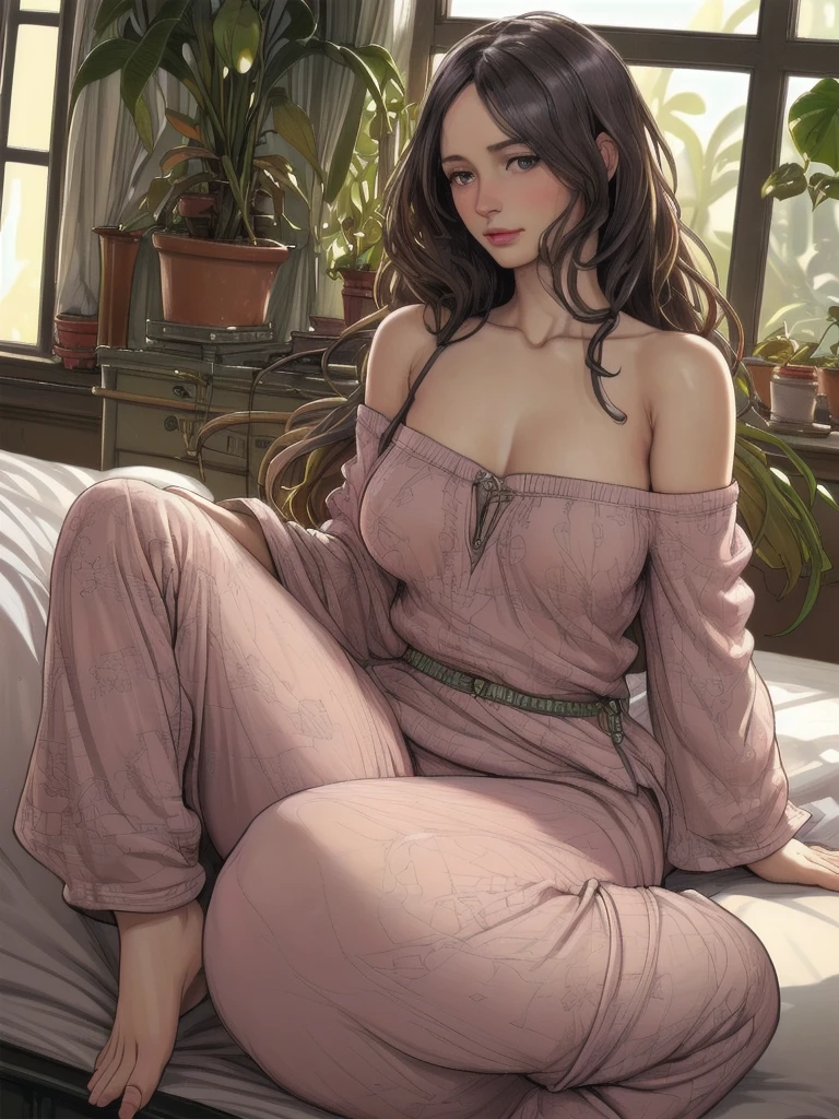 (photorealism:1.2), beautiful woman, sitting on bed, wearing loose off-shoulder top, pajama pants, long curly hair, indoors, soft lighting, plants in background, window with sunlight, cozy room, relaxed pose, realistic, intricate details, warm colors, gangbanged, by Greg Rutkowski, by Alphonse Mucha, 1girl, Breasts, 