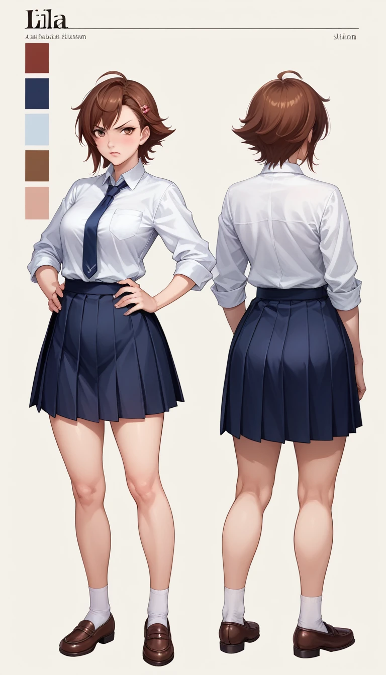 ((masterpiece)),(((Best Quality))),((character design sheet)), ((full body view)) illustration, Catalogue of sex slaves,1 girl, thick thighs, anime girl with a big belly in school uniform, a hyperRealistic schoolgirl, Fubuki, soft anime cg art, Ilia Kuvshinov. 4k, Moe anime art style, hyperRealistic schoolgirl, Kantai Collection Style, Makoto Shinkai. High detail, Realistic schoolgirl, makoto shinkai and artgerm,
angry expression, short straight hair with bangs, white button-down shirt, Dark blue tie, black pleated skirt, without visible accessories, standing posture, hands on the hips, looking slightly to one side, clear and smooth skin, indoor environment, Blurry urban buildings visible through windows, natural lighting, right light, soft shadows, tense atmosphere, slightly from bottom to top, sharp focus on the subject, well balanced exposition.