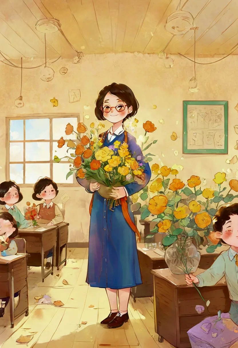 the classroom is filled with sunshine in the afternoon, a teacher wearing glasses happily holds flowers sent by students, warm t...