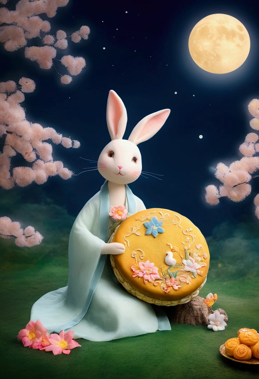 In the felt style of the picture, from the bird's eye view, a huge plush moon cake looks like a warm island, lying quietly there, the moon cake "Mid-Autumn Festival" The two words are particularly eye-catching, as if telling an ancient reunion story, surrounded by the quiet night sky, hazy clouds like gauze fluttering, glittering stars just like bright gems dotted among them, the whole scene is full of vitality and interest, as if a dream of the Mid-Autumn Festival fairy tale world, let people indulge in this beautiful atmosphere, the heart is full of reunion and love for life The lovely rabbit is holding another moon cake, colorful flowers and grass.