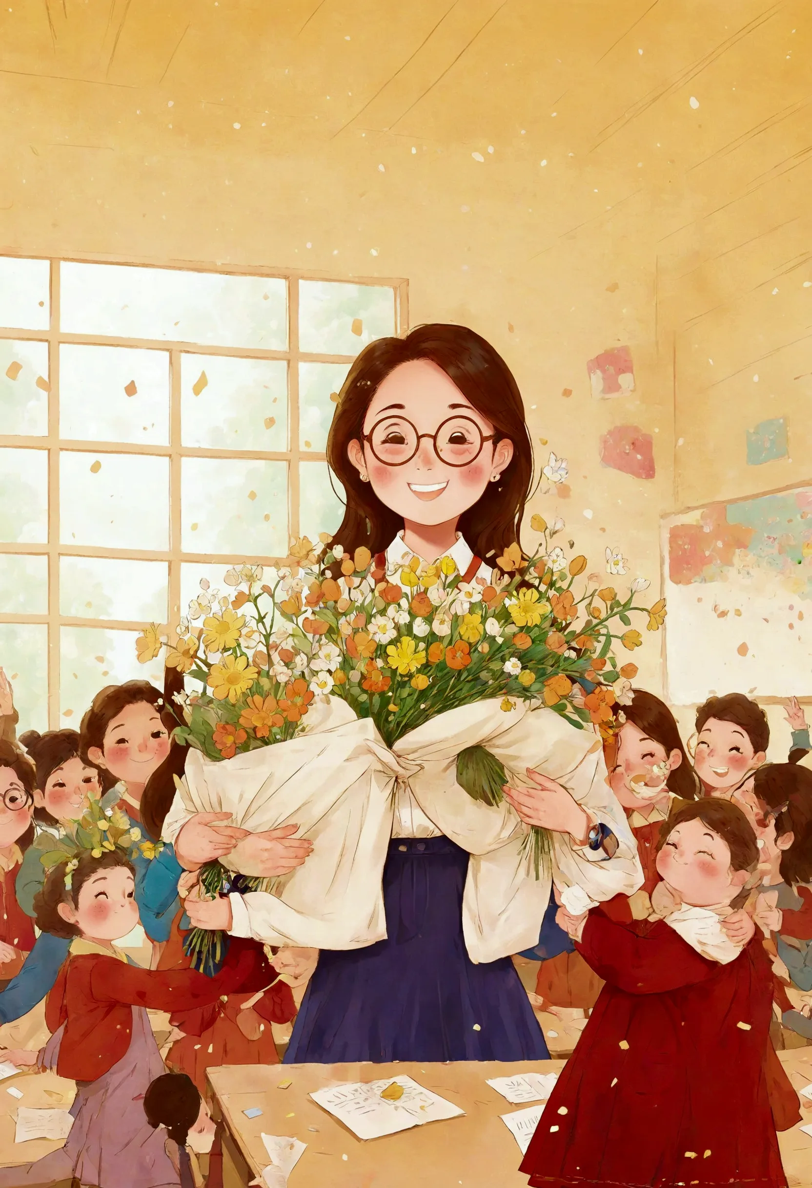 all faces are detailed，the classroom is filled with sunshine in the afternoon, a teacher wearing glasses happily holds flowers s...