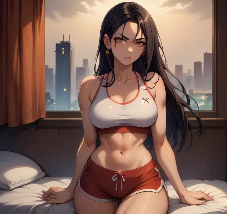 score_9, score_8_up,score_7_up, source_anime, 1girl, solo, Storm(X-Man)
, brown eyes,black hair, very long hair,medium breasts, perfect body, nice body, curvy,ear piercing, (all white sports bra,shorts),bedroom, at a dark room, at night , city view from the window, 