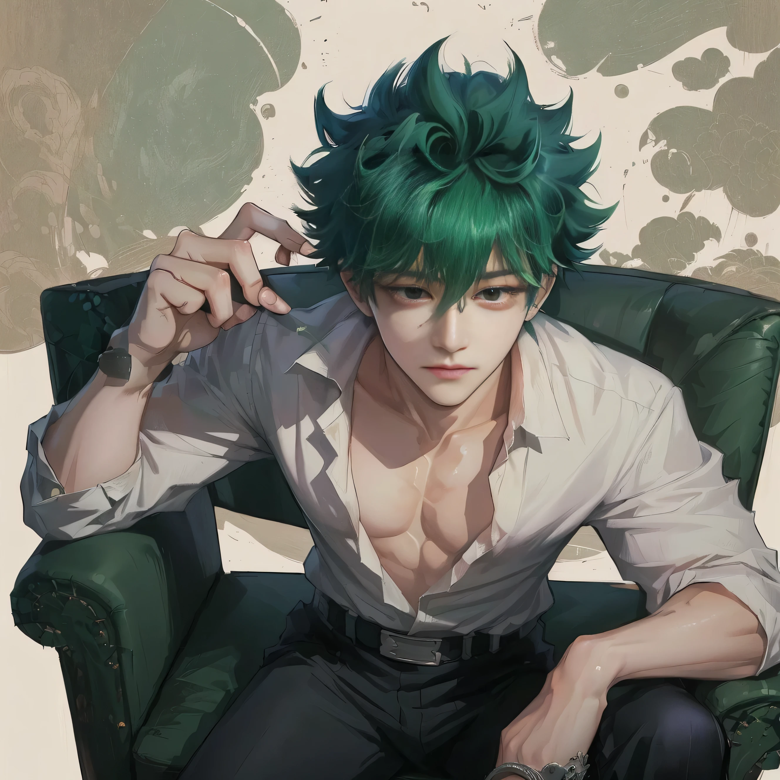 anime guy with green hair sitting in a green chair, izuku midoriya, boku no hero academia style, handsome guy in demon slayer art, inspired by Okumura Masanobu, high quality fanart, handsome anime pose, key anime art, in my hero academia, hq artwork, kentaro miura art, tatsumaki