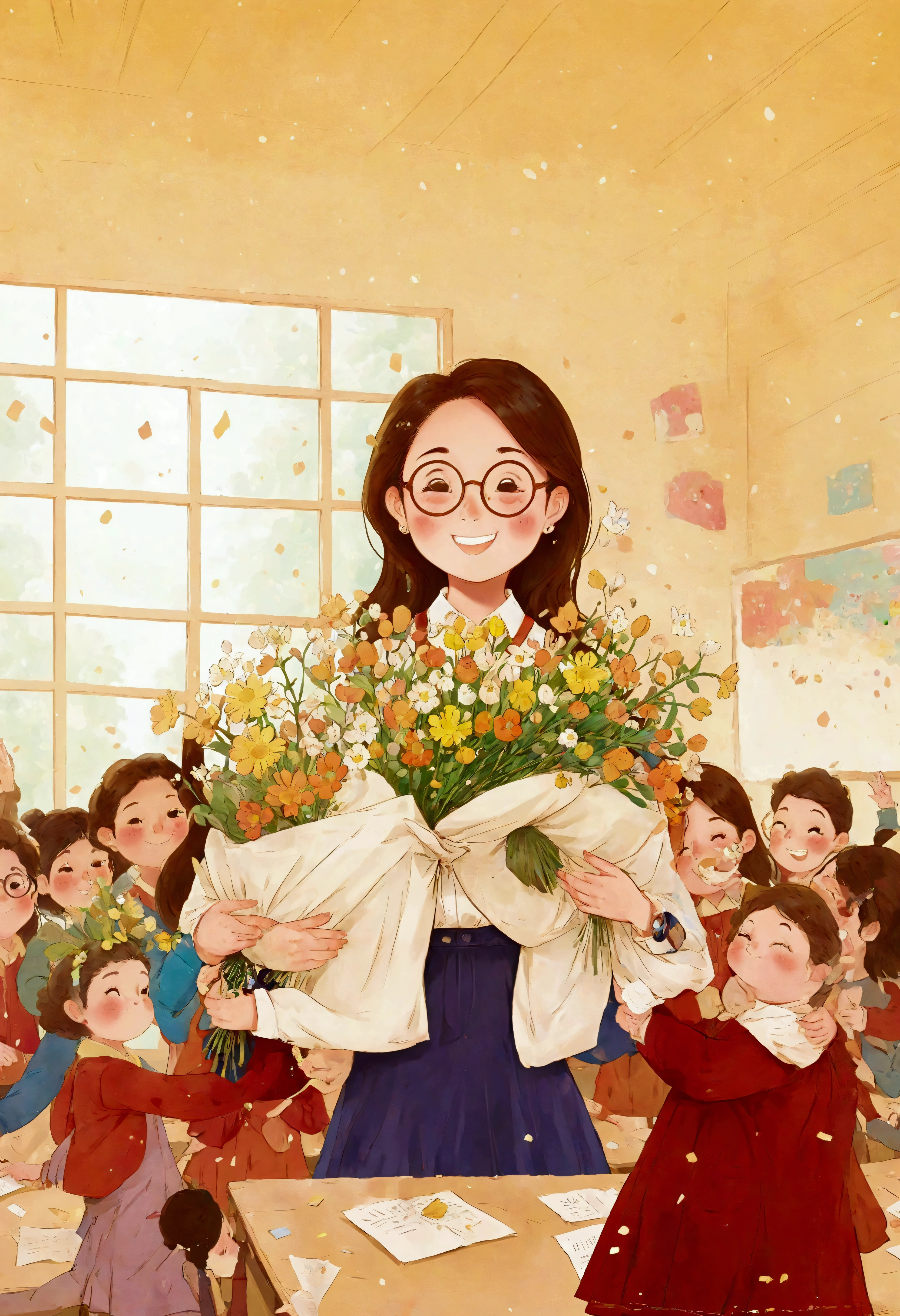 All faces are detailed，The classroom is filled with sunshine in the afternoon, A teacher wearing glasses happily holds flowers sent by students, warm tone, teacher's character design
