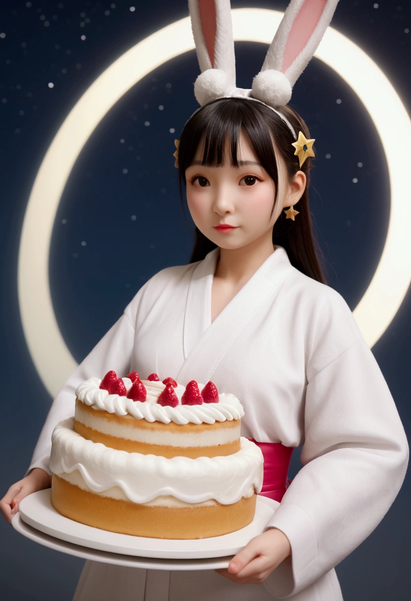 Miniature photography, 3D photography, a cute girl wearing Hanfu. The felt material clothing appears soft and warm under the moonlight, with a glowing moon dancing lightly in the background. Surrounded by a peaceful night sky and hazy clouds, there are sparkling stars. Beside the girl is a huge circular mooncake, which looks sweet and delicious. Beside her, a cute rabbit