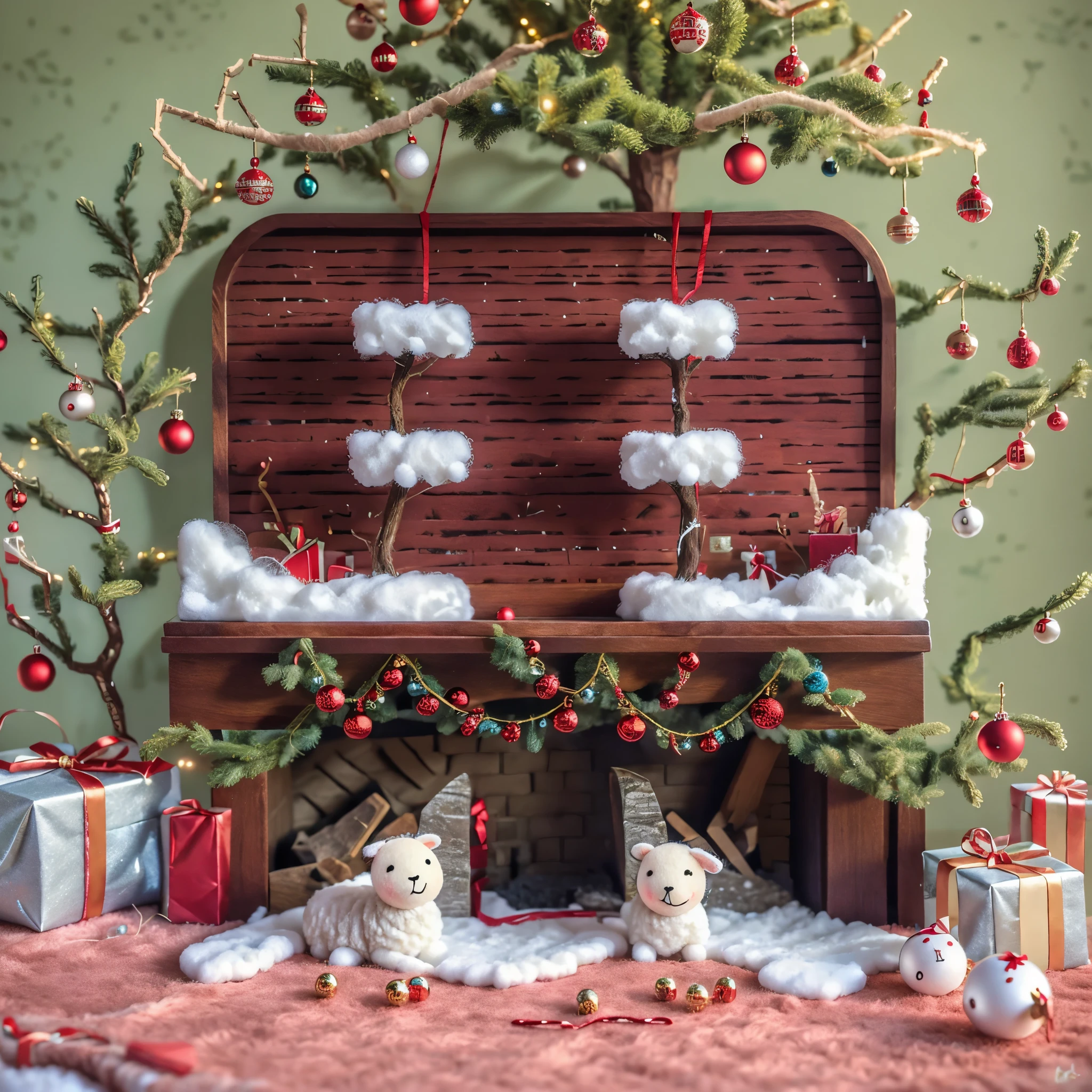 (La best quality,high resolution,Very detailed,Practical),Cute wool tree，in the room，Smiley Face，Christmas decoration，surrounded by christmas gifts，A masterpiece full of fantasy elements）））， （（best quality））， （（Intricate details））（8K）Felt