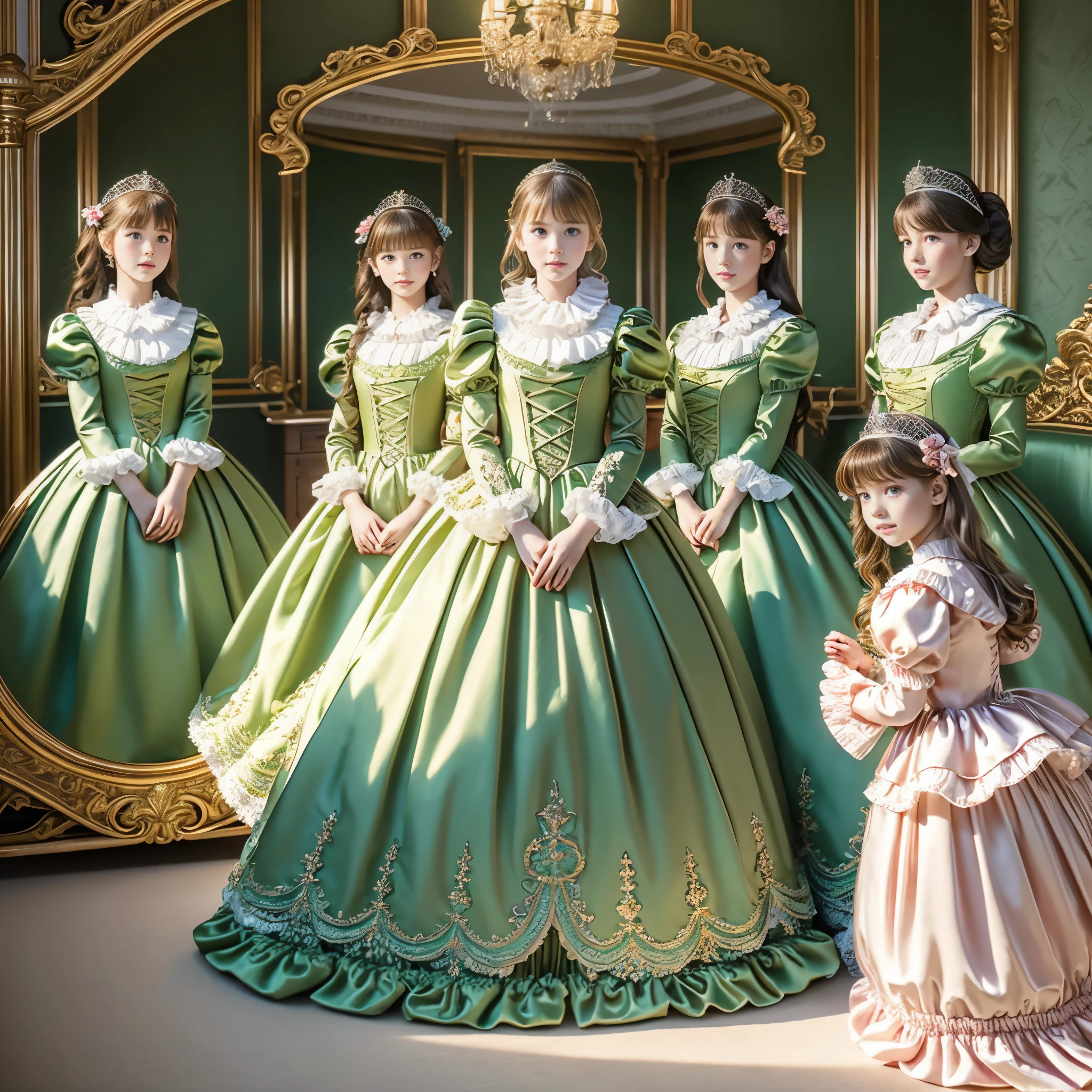 ,highest quality, masterpiece, highest resolution, artwork, super それにget used to it, many get used to it, get used to it, それにget used to it, 3k realistic pictures,,(( little girls)),Ultra-detailed juvenile face,three are princesses,full length ball gown dress with hoop skirt,ruffled yoke collar,puff sleeves,long sleeve,((Lolita style green detailed princess satin dress with lots of ruffles and ribbons)),Rococo style lolita fashion,shiny satin dress,Soft and smooth fabric,luxury,long blonde hair,blue eyes,white skin european,Pajama,((in the bedroom)),luxury princess canopy frilled bed,super detailed bed,they are lying on the bed,High-quality background,