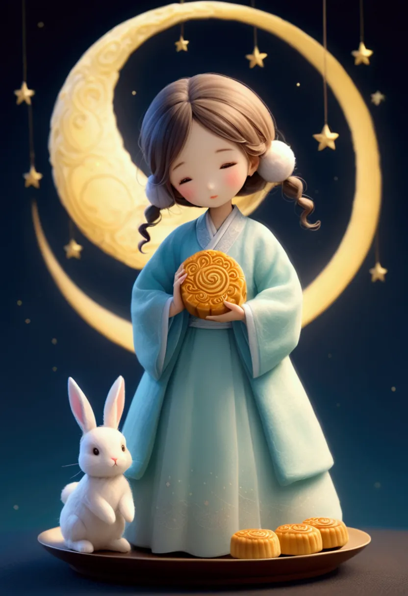 miniature photography, 3d photography, a cute girl wearing hanfu. the felt material clothing appears soft and warm under the moo...