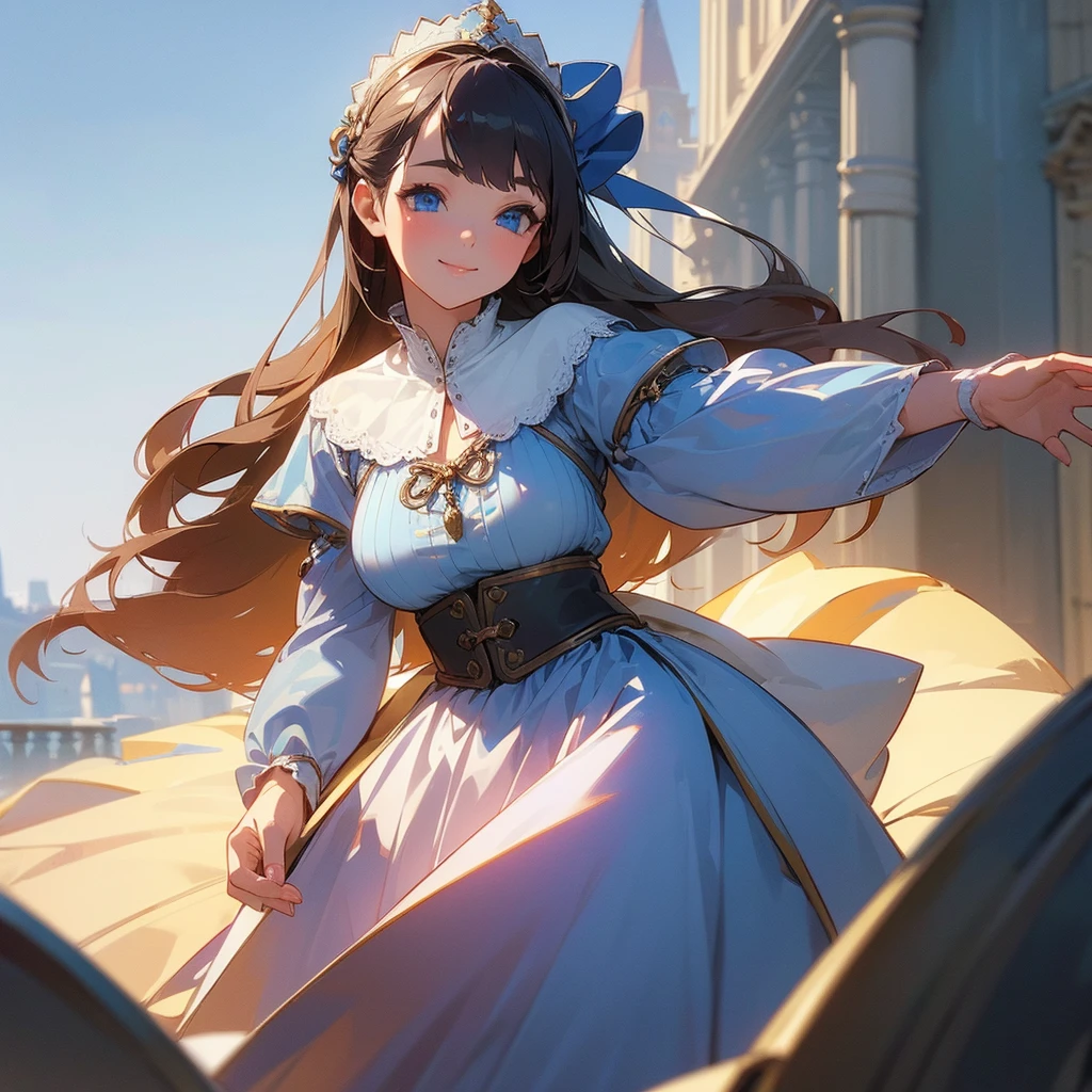 ((Highest quality)), ((masterpiece)) 、One Girl, masterpiece, (High resolution), original, extremely detailed 8K , (Photorealistic:1.4),blue eyes ,Symmetrical body type,smile, Medieval European style street、Cool dress、chest, 