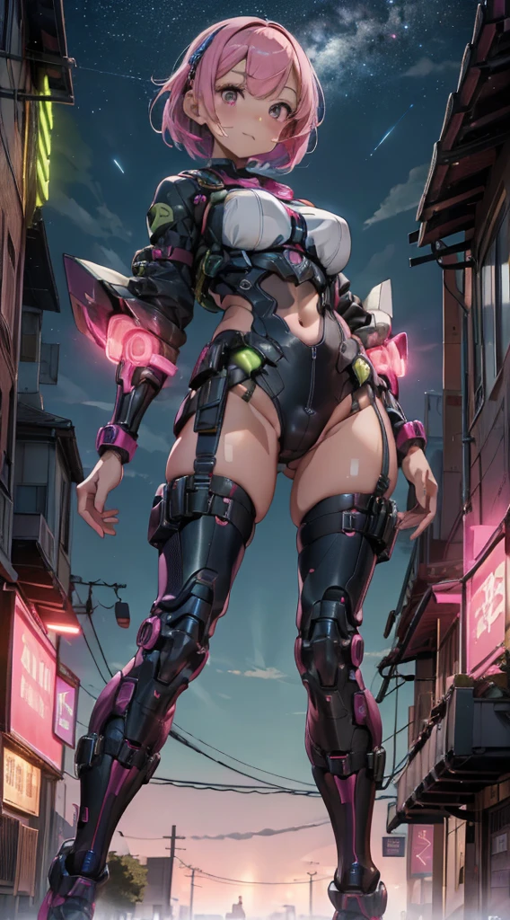 Highest quality, (Realistic:1.2), One mature woman, alone, Mecha Girl、Pink bob cut、Pink eyes、Detailed face, Are standing,Looking down at the viewer,((From below:1.5)),whole body, Legs Up Sex, lips, Affectionate smile, , look back, ((Leaning forward)), View from behind, ((Low angle shooting method で emphasis on buttocks)), ((Browsing Caution))、Futuristic neon light background、Beautiful night view、Big Breasts、Perfect anatomy body、Anatomically correct body、Perfect Face、Perfect Legs、Perfect Arms、