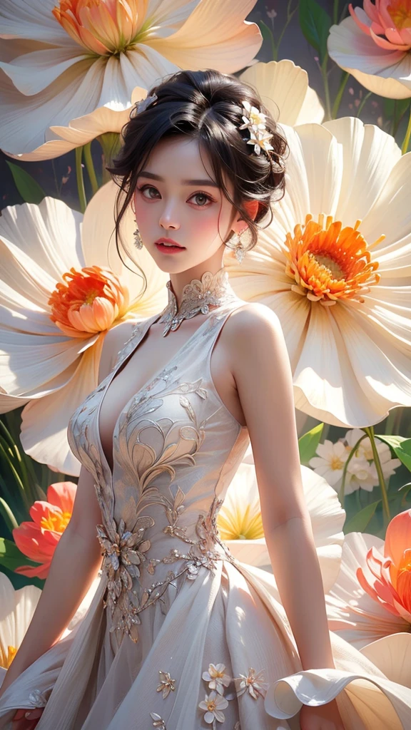 masutepiece, Best quality, (1womanl), Ultra-detailed, finedetail, A high resolution, 8K picture quality, hyper HD, Perfect dynamic composition, Beautiful detailed eyes,  Natural lips, Orange and white floral knitted dress, extra very short hair, abstract backgrounds, is shy, Diffused neon in the background,