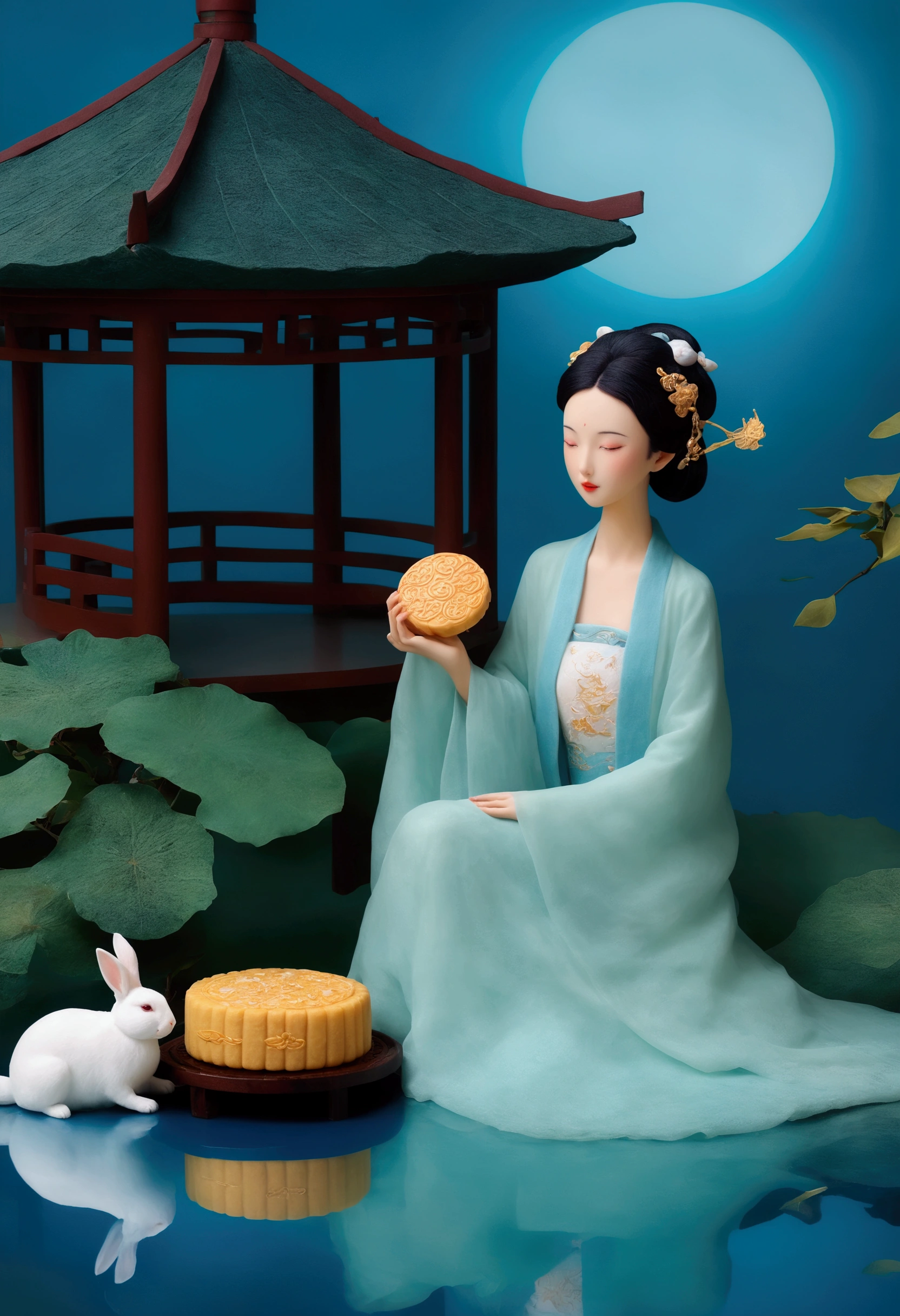 A beautiful woman and a white rabbit sit on a large mooncake, eating osmanthus tree mooncakes together. Behind them is a large pavilion with poster design and exquisite masterpiece. It is an 8K, 3D cartoon miniature scene, with a calm water surface background, blue water surface