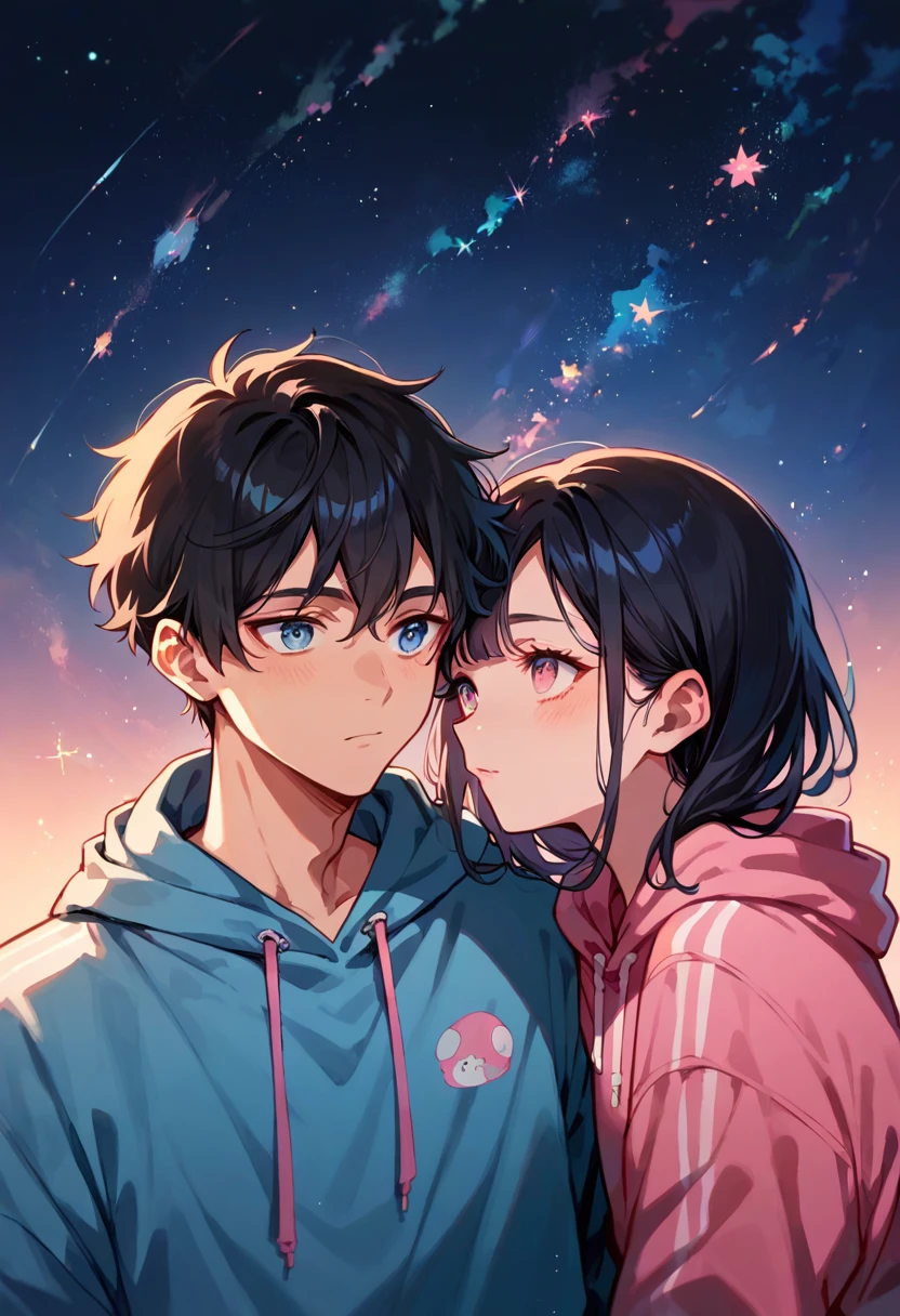 Highest quality，Couple，Black Hair，blue eyes，Black Hairロング，Pink Eyes，Matching hoodies，Starry Sky