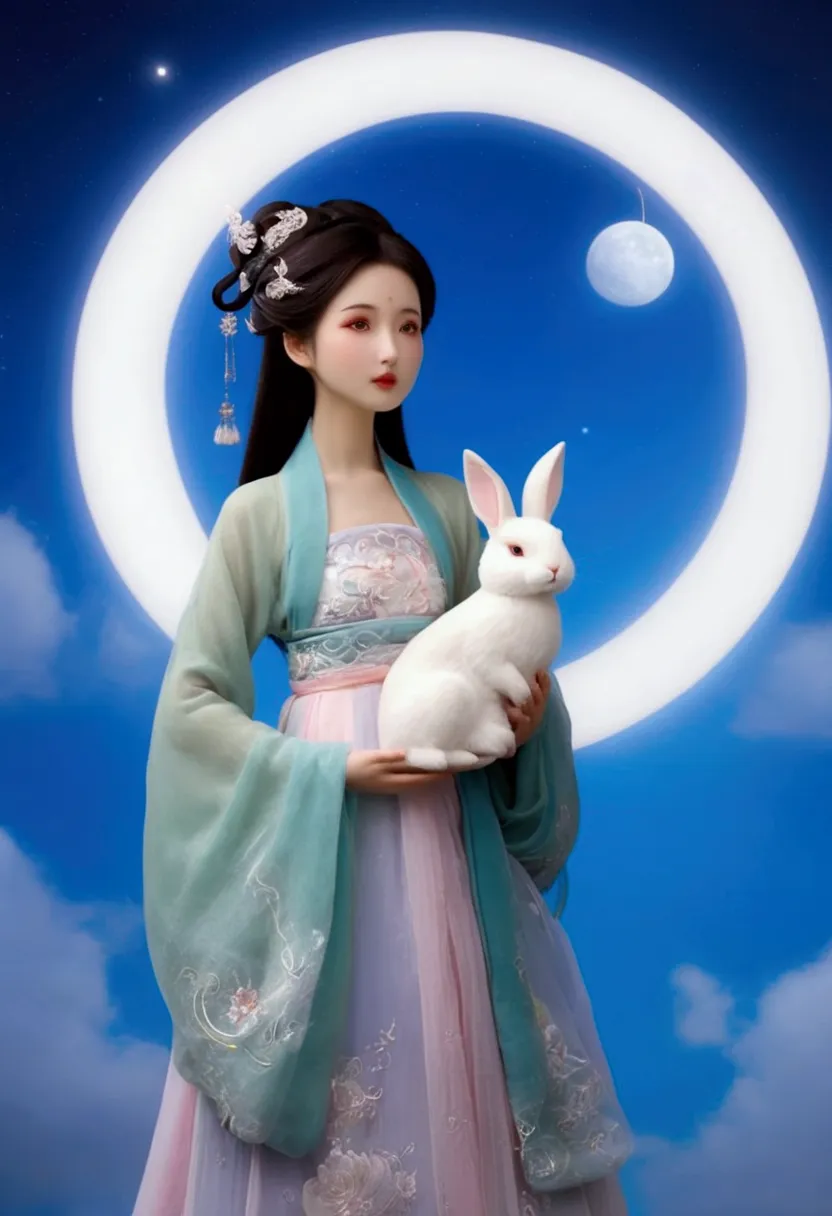 a stunning chinese beauty dressed in elaborate hanfu attire. the girl hold a white rabbit in her arms. background is the round a...