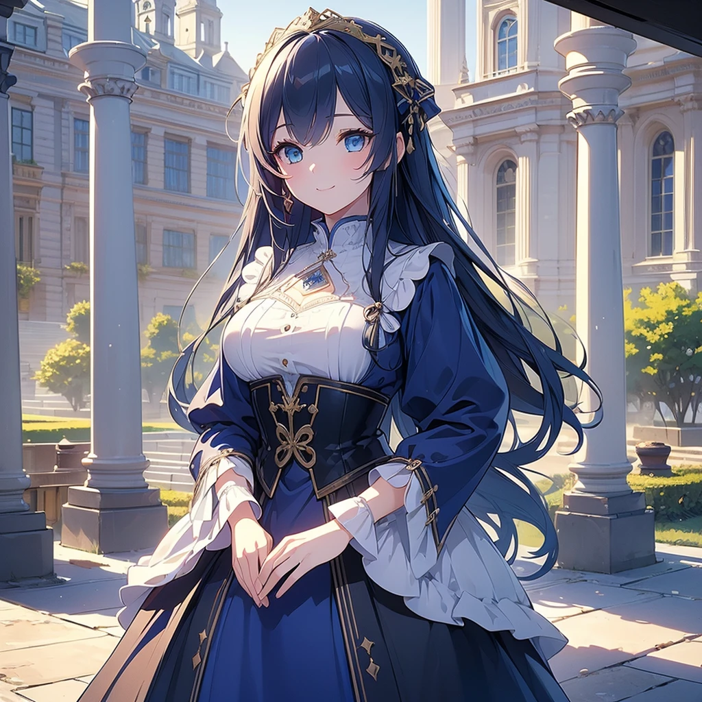 ((Highest quality)), ((masterpiece)) 、One Girl, masterpiece, (High resolution), original, extremely detailed 8K , (Photorealistic:1.4),blue eyes ,Symmetrical body type,smile, Medieval European style street、Cool dress、chest, 