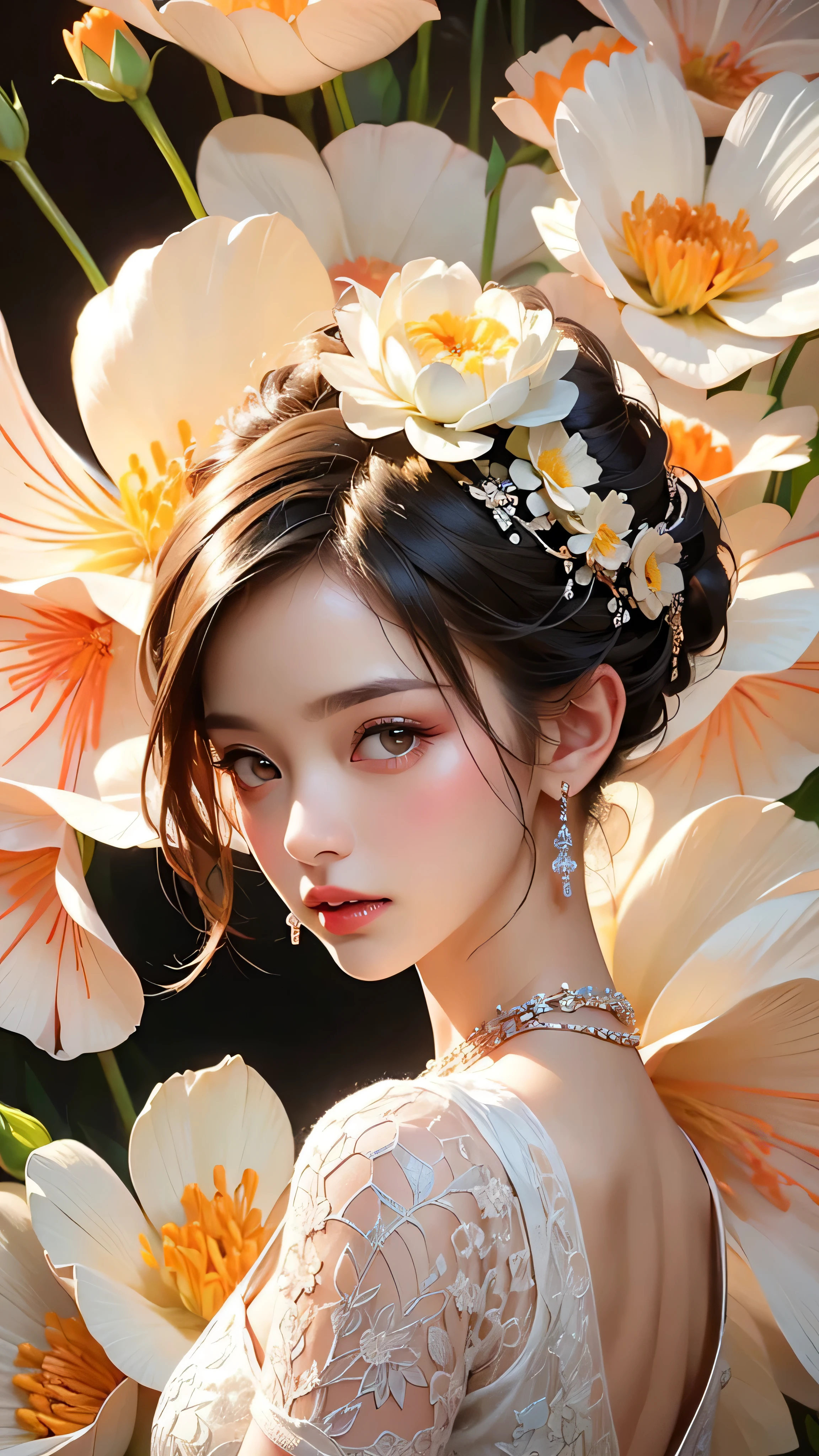 masutepiece, Best quality, (1womanl), Ultra-detailed, finedetail, A high resolution, 8K picture quality, hyper HD, Perfect dynamic composition, Beautiful detailed eyes,  Natural lips, Orange and white floral knitted dress, extra very short hair, abstract backgrounds, is shy, Diffused neon in the background,