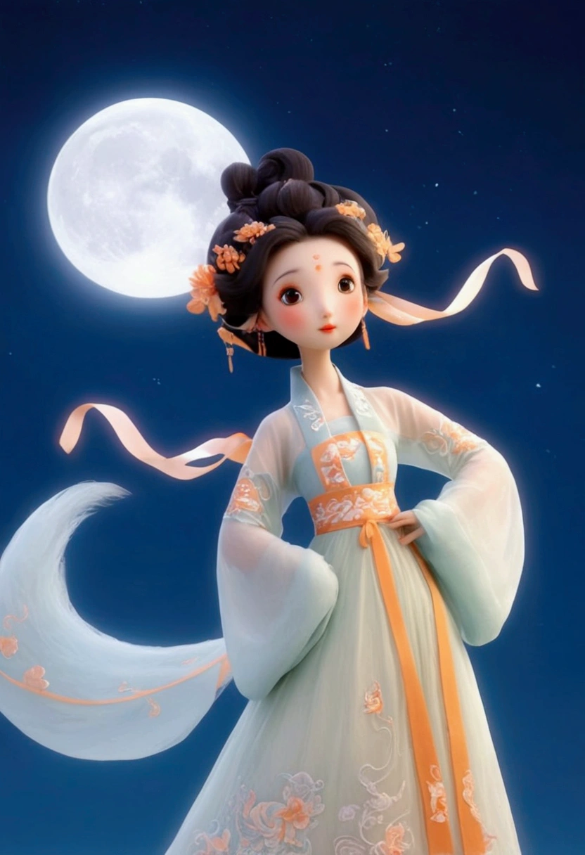 full-body,3D rendering, C4D, cartoon illustration style, cute,big eyes,Dancing in the air,Look at the screen,a in ancient Chinese-style costume, wearing an orange and white long dress with a phoenix pattern on the sleeves,Dancing in the sky under the moon,Skirts and ribbons are flowing gracefully ,Two white rabbits are watching the moon from the osmanthus tree, and osmanthus flowers are hanging all over the branches of the tree，Felt style