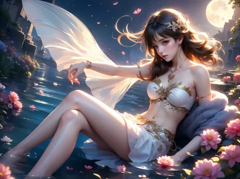 qingya (high quality details), 1 girl, solo, young women, elegant posture, ((night, moonlight)), (female figure，lie flat in the ...