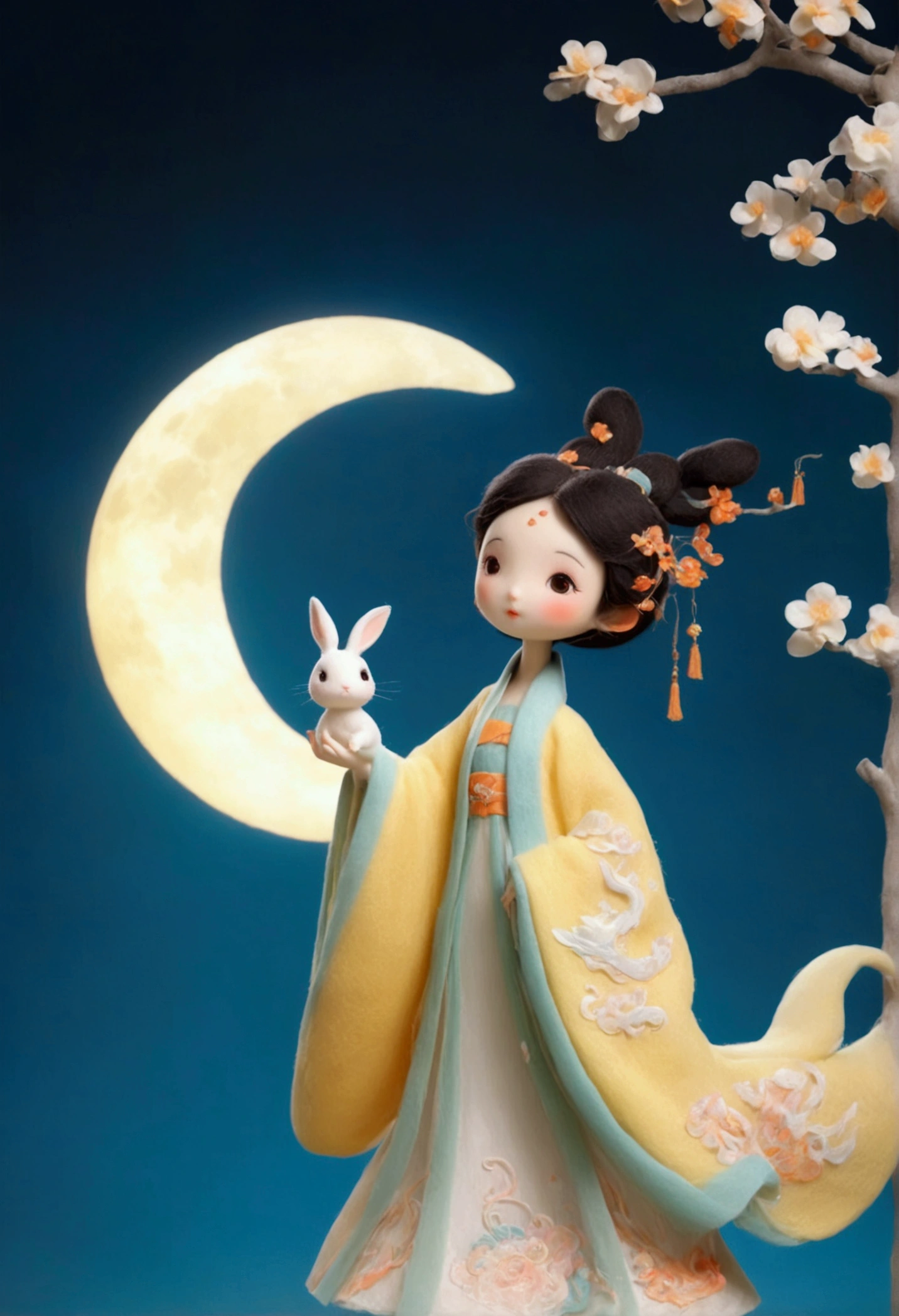 Felt style，full-body,3D rendering, C4D, cartoon illustration style, cute,big eyes,Dancing in the air,Look at the screen,a in ancient Chinese-style costume, wearing an orange and white long dress with a phoenix pattern on the sleeves,Dancing in the sky under the moon,Skirts and ribbons are flowing gracefully ,Two white rabbits are watching the moon from the osmanthus tree, and osmanthus flowers are hanging all over the branches of the tree，Felt style