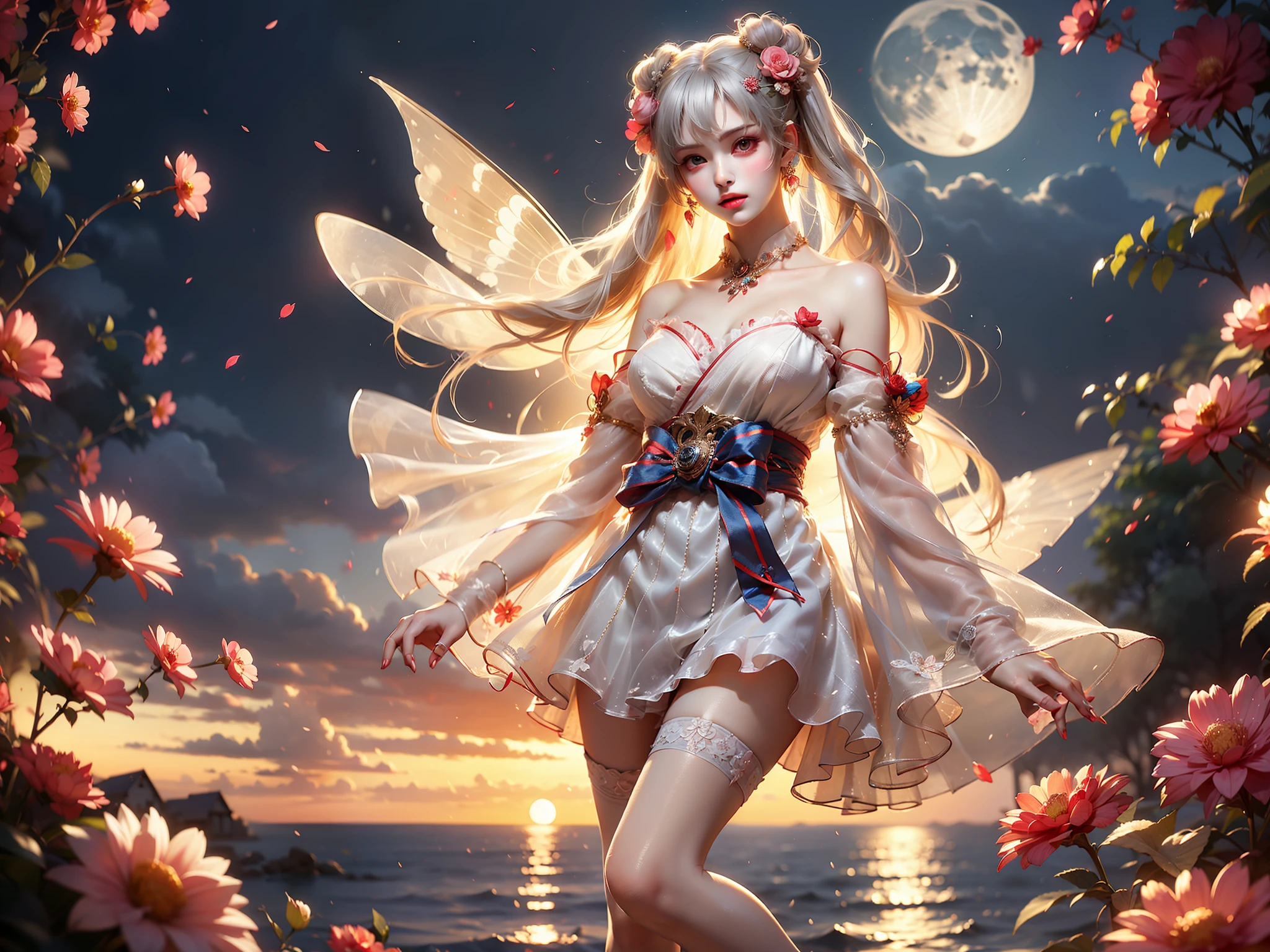 1girl,silver hair,japanese clothes,white thighhighs,detached sleeves, hair ornament, (High quality details), 1 Girl, solo, Young women, Elegant Posture, ((night, moonlight)), (Female figure，Lie flat in the water，Relaxed expression), (Focus on natural body posture and correct anatomy:1.3), (Perfect leg proportions:1.3)，(True and accurate leg shape:1.2), ((Natural leg position)), The skirt is very short, One hand stroked the hem of the skirt, Lift the hem of the skirt, Bare shoulders, Natural posture, Soft expression, Exquisite makeup, Soft blush, Bright Eyes, Soft lips, Flower fairy style, ((Anatomically accurate)), (Real natural legs), Smooth skin, Soft lighting, high resolution, 8K Ultra HD, Clear focus, Professional photography effects, Random elegant scenes, Multi-angle shooting