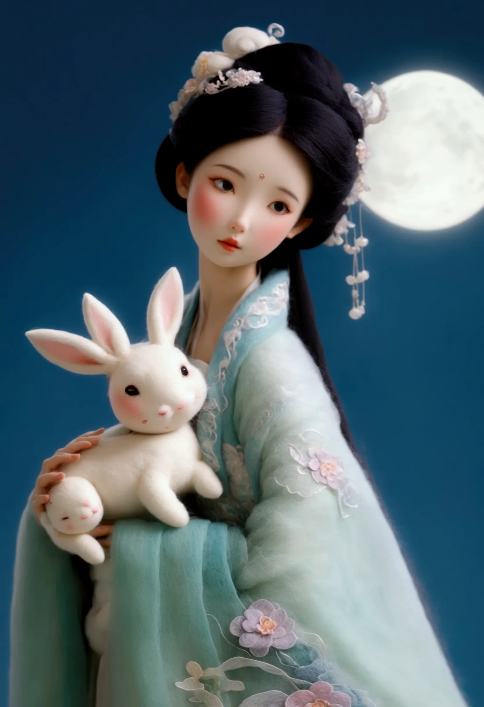 felt style，a stunning chinese beauty dressed in elaborate hanfu attire. the girl hold a white rabbit in her arms. background is ...