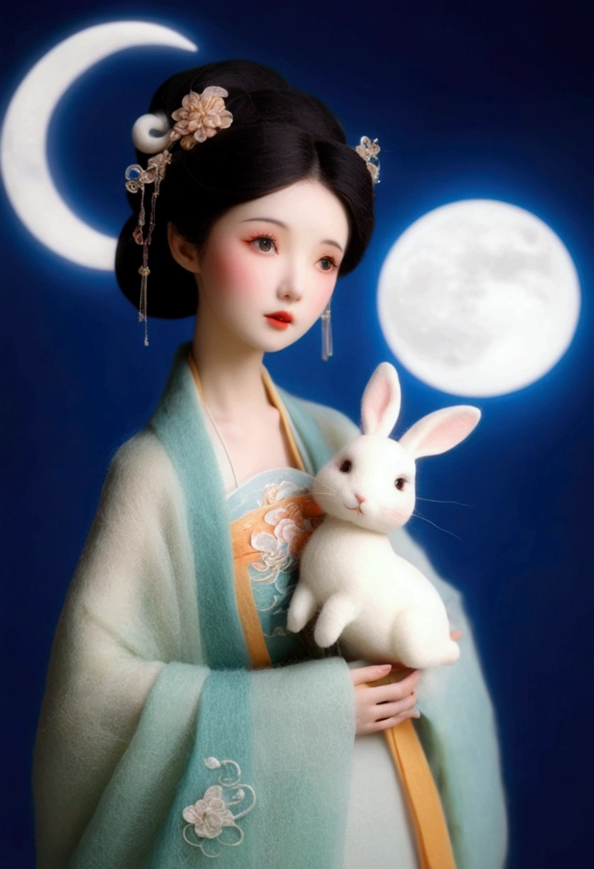 Felt style，a stunning Chinese beauty dressed in elaborate Hanfu attire. the girl hold a white Rabbit in her arms. background is The round and brigh moon, casting a celestial glow on the scene. The Hanfu dress should be rich in color and detail, exuding a sense of traditional elegance,in the style of dynamic animered threads,romatic,dreamy,ultra-realistic,ultra-detailed. best quality, ultra detailed, 8k，Felt texture