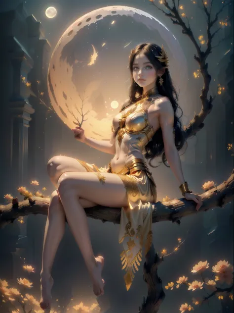 arafed woman sitting on a tree branch in front of a full moon, beautiful fantasy maiden, beautiful fantasy art, very beautiful f...