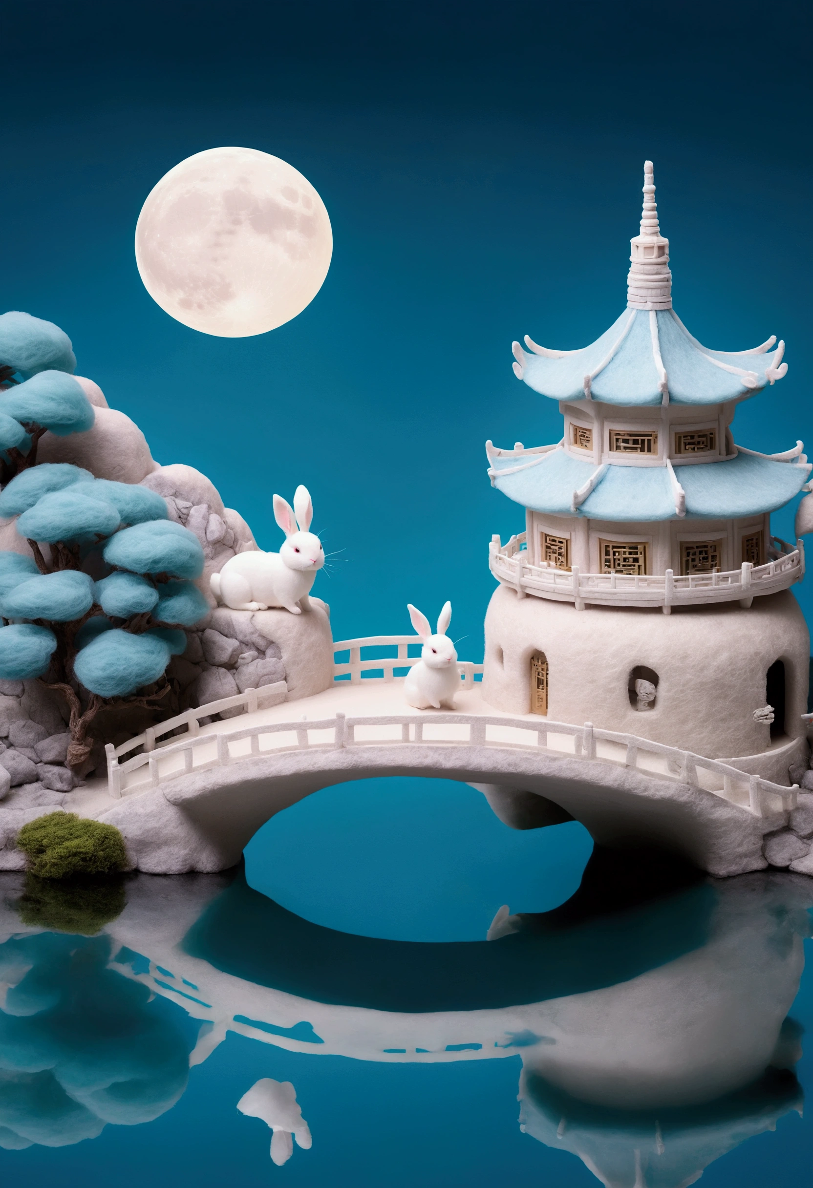 Guanghan Palace，Felt texture，Chinese Mythology，There are traditional Chinese buildings on the round moon，3D cartoon miniature scene, with a calm water surface background, blue water surface，The moon reflected in the water，A white rabbit