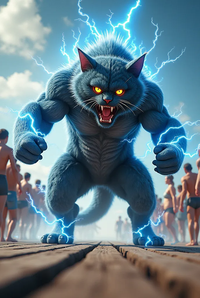   theme: Summer Pier, Fantasy cat monster (static shock:1.2), electric power, attack on pier at day, screaming, action pose, dynamic angle, jump, show off thick thigh, put 1 fist on ground, angry,