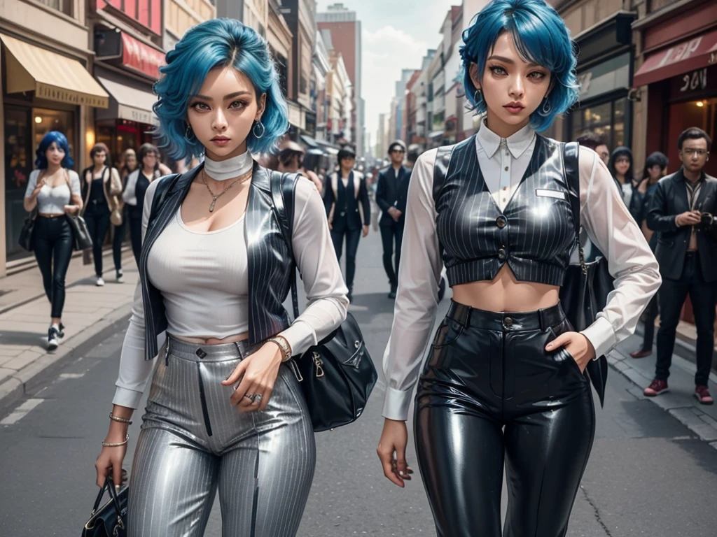 a woman wearing an oversized tailored black pinstripe suit, creased, trousers with cuffs. red trainers, silver latex vest, transparent striped vest, vest with broad transparent stripes, silver trouser braces, casually glamorous, 1980s underground, post punk vibe. madonna, culture club style. thrift shop jewellery. mixed race nigerian korean woman, blue hair tied up