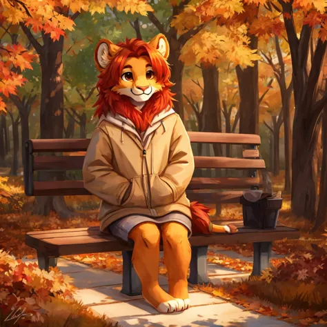 an anthropomorphic orange lion, autumn park scene, casual clothes, red hair, closed smile, seated on bench in a park, high quali...