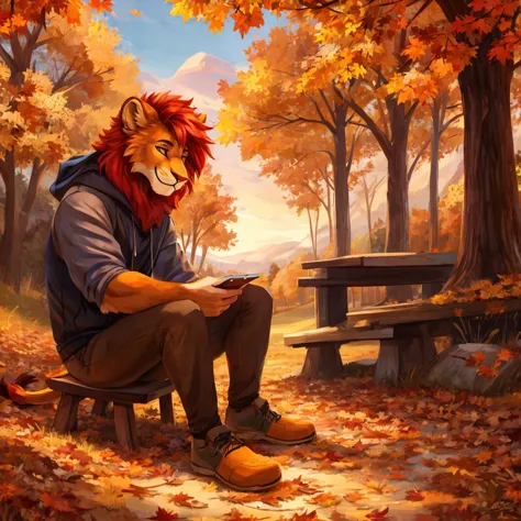 an anthropomorphic orange lion, autumn park scene, casual clothes, red hair, closed smile, seated on the hills in a park, high q...