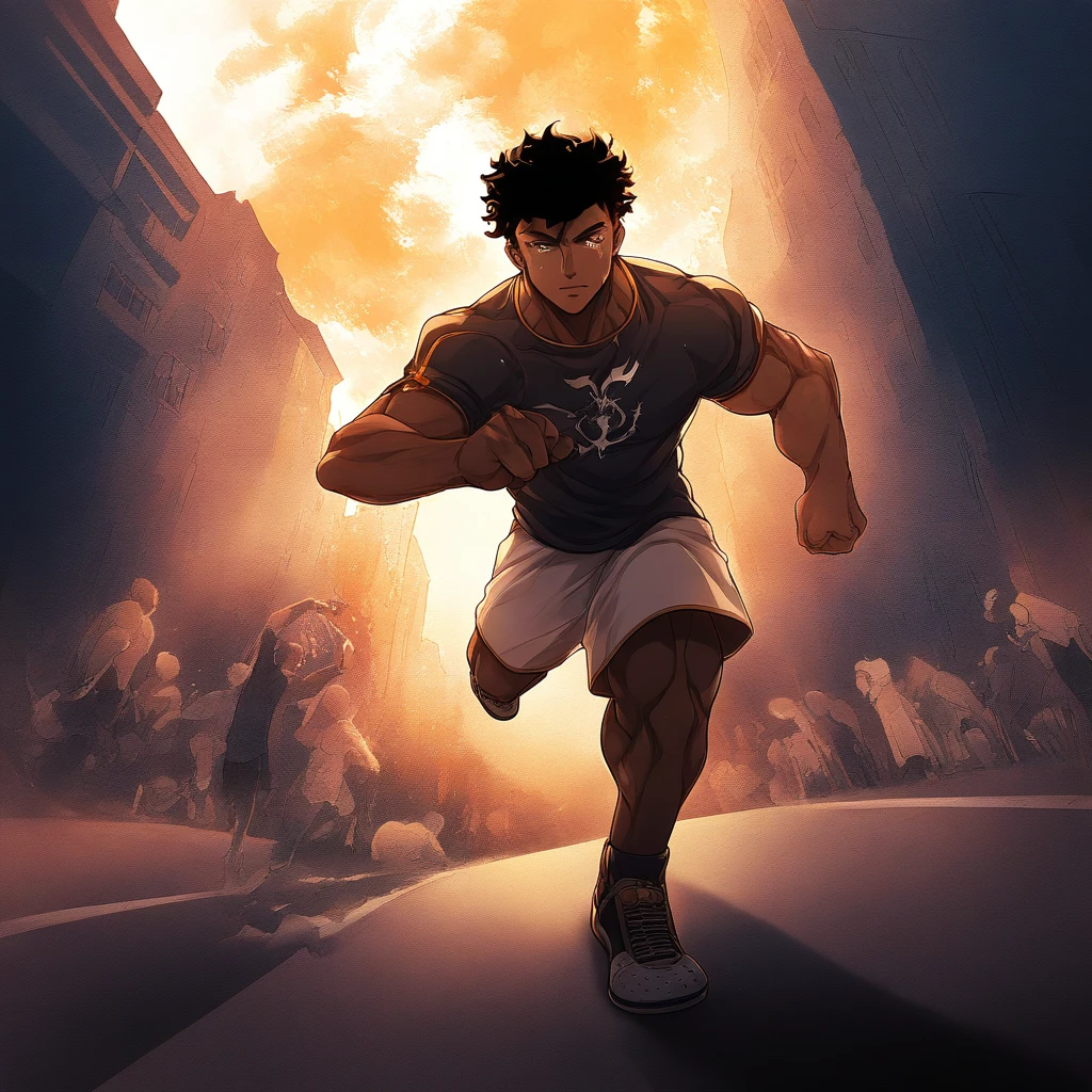 **Prompt for Creating a Fast Echo Image:**

"Imagine a young 2 hero named Echo Veloz. He is a black man with radiant skin, with curly, voluminous hair lightly tied into a messy bun. Your body is athletic and balanced, reflecting strength, but without being excessively muscular. 

His costume is completely improvised.: He wears light shorts that appear to have been customized by his own hands., and a t-shirt of a well-known band, which has ink stains and small tears, showing your creative and artistic side. On the feet, he wears used sneakers, with the mark of many kilometers traveled. 

The setting is a vibrant city, where Eco Veloz is in action, running through the streets. His expression is one of determination and courage, and in the background, people look on in awe and inspiration at your bravery. the sun shines in, creating a wonderful contrast with the vibrant colors of her outfit and the surrounding urban environment. Capture the essence of a new hero on his journey, showing that true strength comes from the heart."
