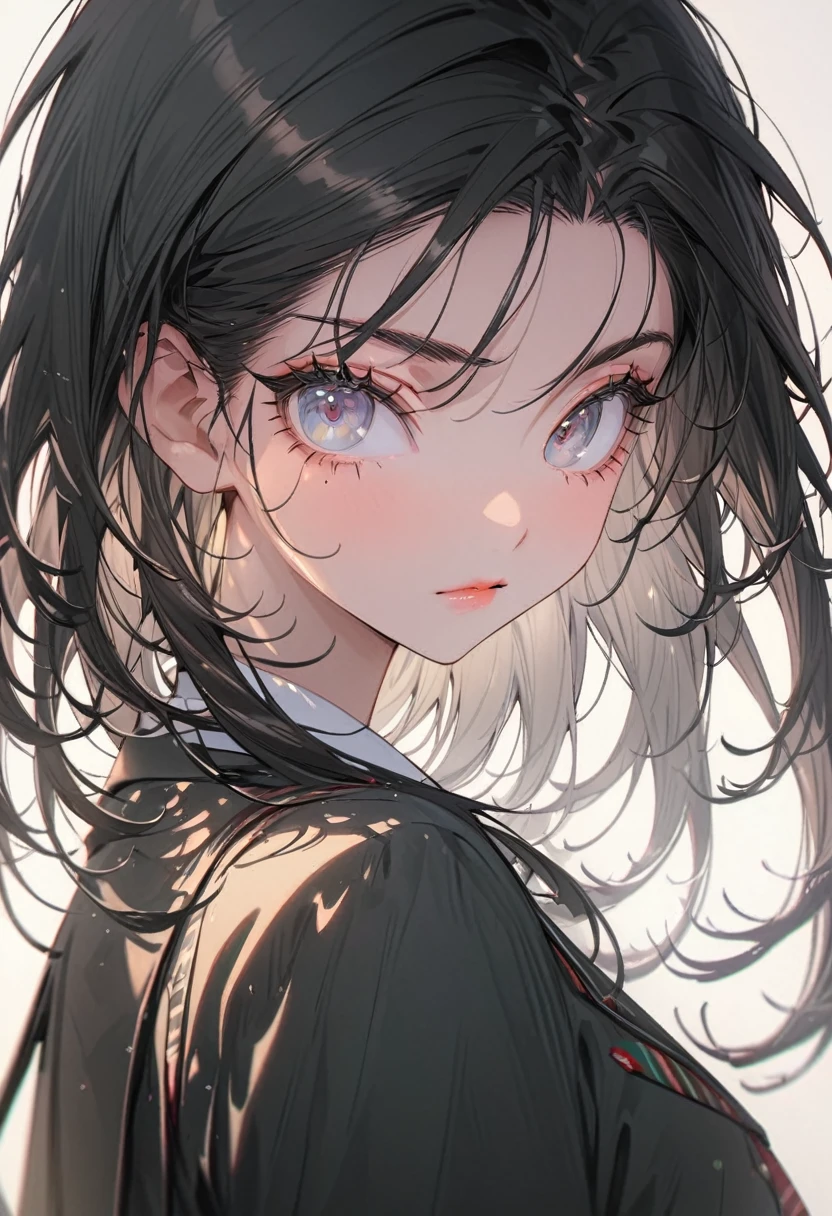 (Highest quality,Very detailed,High resolution:1.2),Beautiful black-haired girl，school uniform，very_Long eyelashes, Cool look, Soft Skin, looking at the camera，