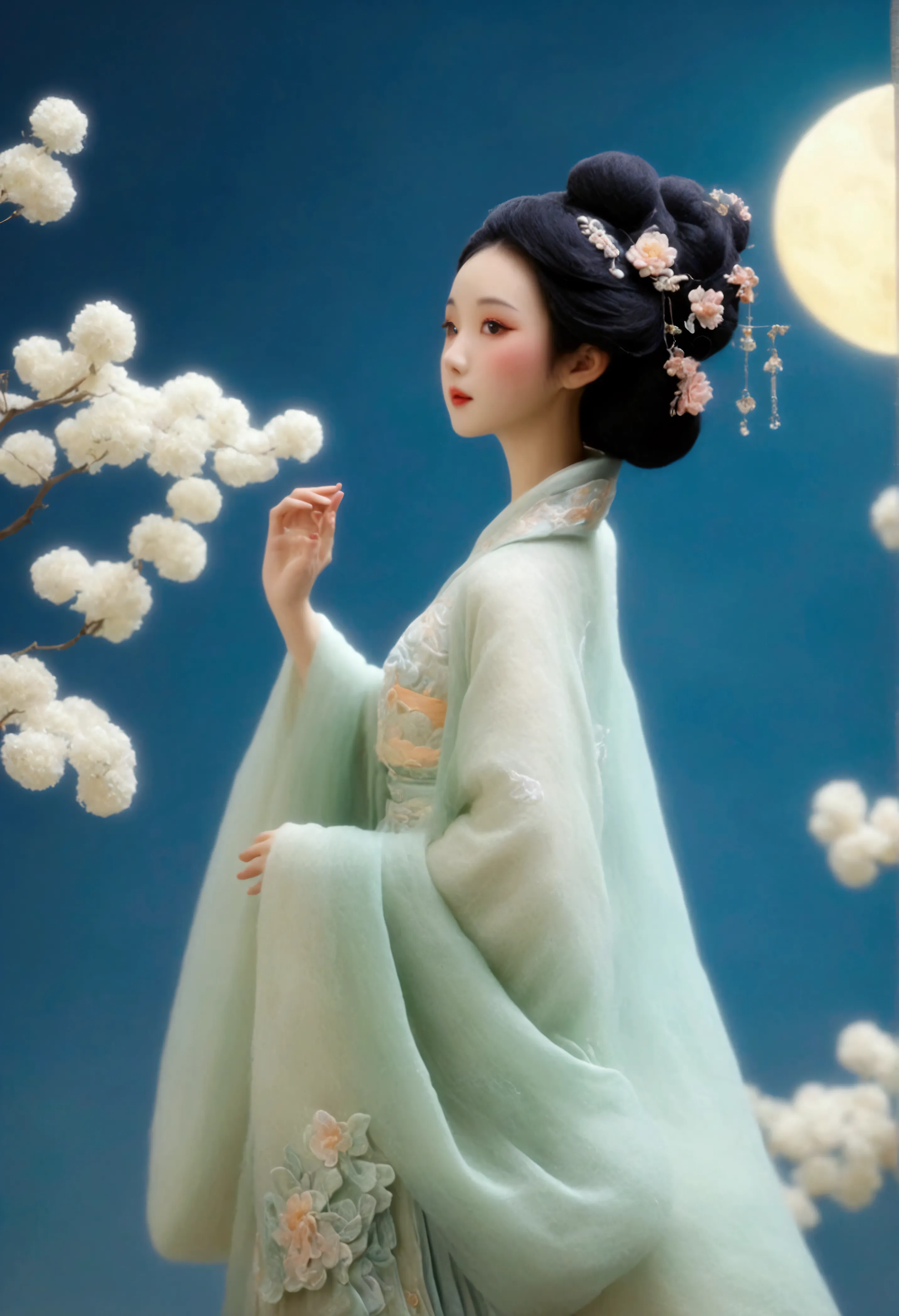 felt style，a stunning chinese beauty dressed in elaborate hanfu attire. background is the round and brigh moon, casting a celest...