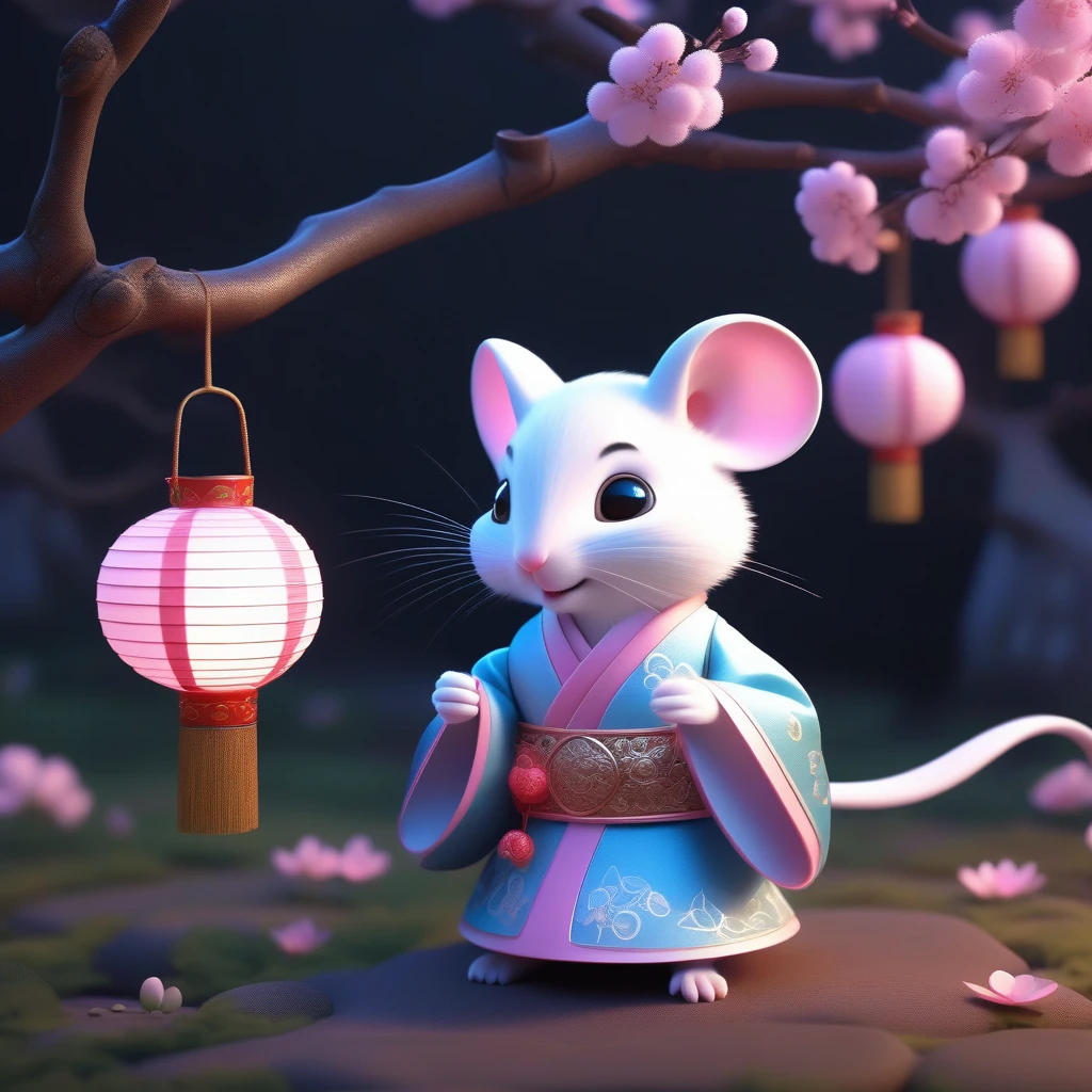 Little white mouse wearing soft New Year Tang Dynasty Hanfu, Super cute, intricate filigree design, Pixar style, Anthropomorphic, holding a pink lantern, big eyes, Smile, Peach Blossom, flow, charming, immortal, Fluffy, shiny bristles, leaf, fairy tale, Unreal Engine 5 and Octane Rendering, Rich in details, 4K, Hot Topics on Art Station, Gorgeous, Ultra wide angle, 4K – every 10 people:16 --test--video--upbeta