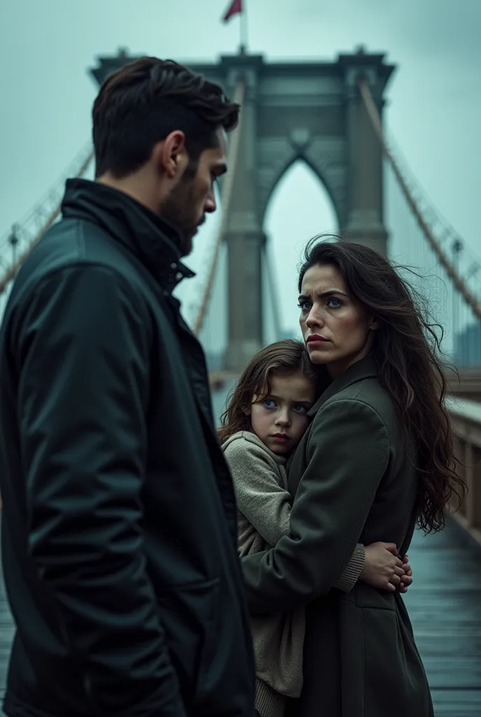 On the Brooklyn Bridge during a fierce storm in New York, adding to the emotional conflict between the three people in focus: A man with dark, intense eyes and an expression of barely controlled anger stands staring at a woman with long wavy dark brown hair and her young daughter. The woman has her piercing blue eyes fixed on the camera, face shows sorrow and exhaustion, while she embraces her  daughter – who has wavy light brown hair and deep blue eyes– protectively in her arms. The  girl rests her head on the woman and she looks sad and confused. The man is not embracing or close to them, instead standing apart with tension in his stance.