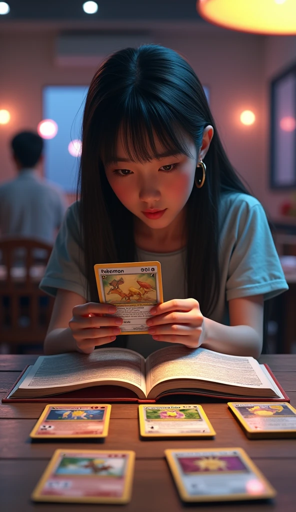 Pokemon card game, detailed pokemon card album, realistic pokemon cards in album and on the table, pokemon card game, girl sitting on the table and playing card game,  photorealistic, 8k, highres, hyperdetailed, studio lighting, professional photography, vibrant colors, cinematic lighting, dramatic lighting, masterpiece, highly detailed, intricate details, extreme realism, photo-realistic, hyper-detailed, cinematic composition, dramatic angles, volumetric lighting, photorealistic textures, dynamic poses, dynamic composition, hyper-realistic, ultra-realistic, photorealistic rendering, cinematic post-processing, 4k, best quality, masterpiece