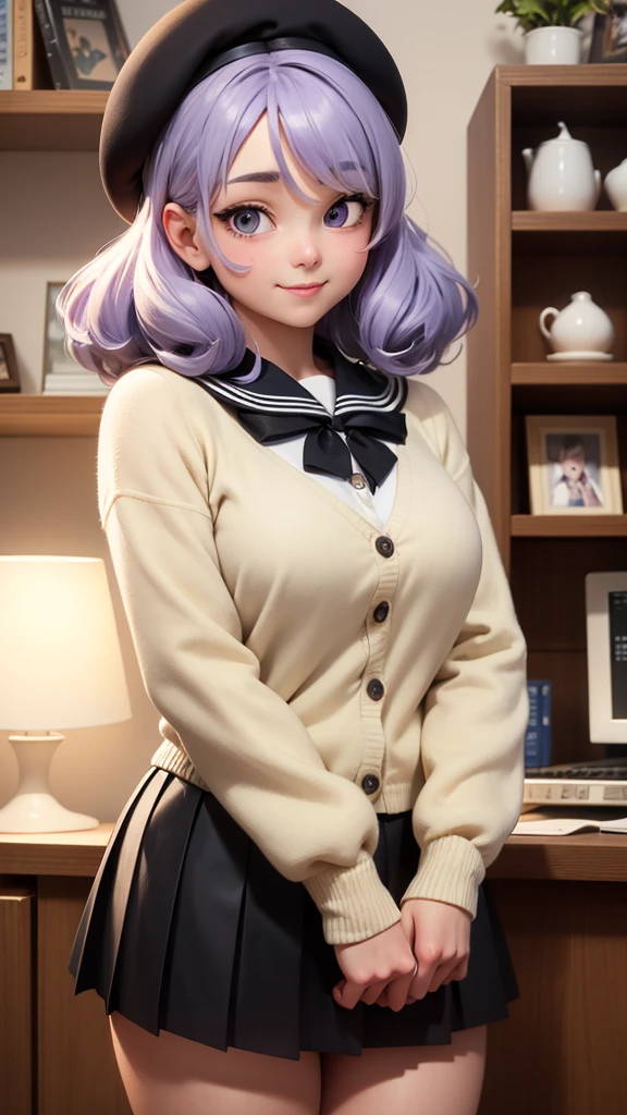 "A charming anime-style female character with a soft, round face and fair skin, smiling gently. She has short, pastel lavender hair styled in soft curls that frame her face, with bangs lightly covering her forehead. Her large, expressive eyes are deep purple, slightly tilted, giving a friendly yet mysterious appearance. She is wearing a sailor-style school uniform with a black and white color scheme. The top is a white cardigan with large white bows and black details, layered over a black sailor collar with white stripes. She also wears a black pleated skirt that is short but modest. The outfit gives off a cozy, soft aesthetic. As an accessory, she has a small plush bunny attached to her cardigan, adding a cute touch. On her head, she wears a black beret with white stripes, matching the color scheme of her outfit. The character stands in a cozy bedroom with soft, warm lighting, shelves full of books, and a desk with a computer in the background. The overall vibe is peaceful and welcoming."