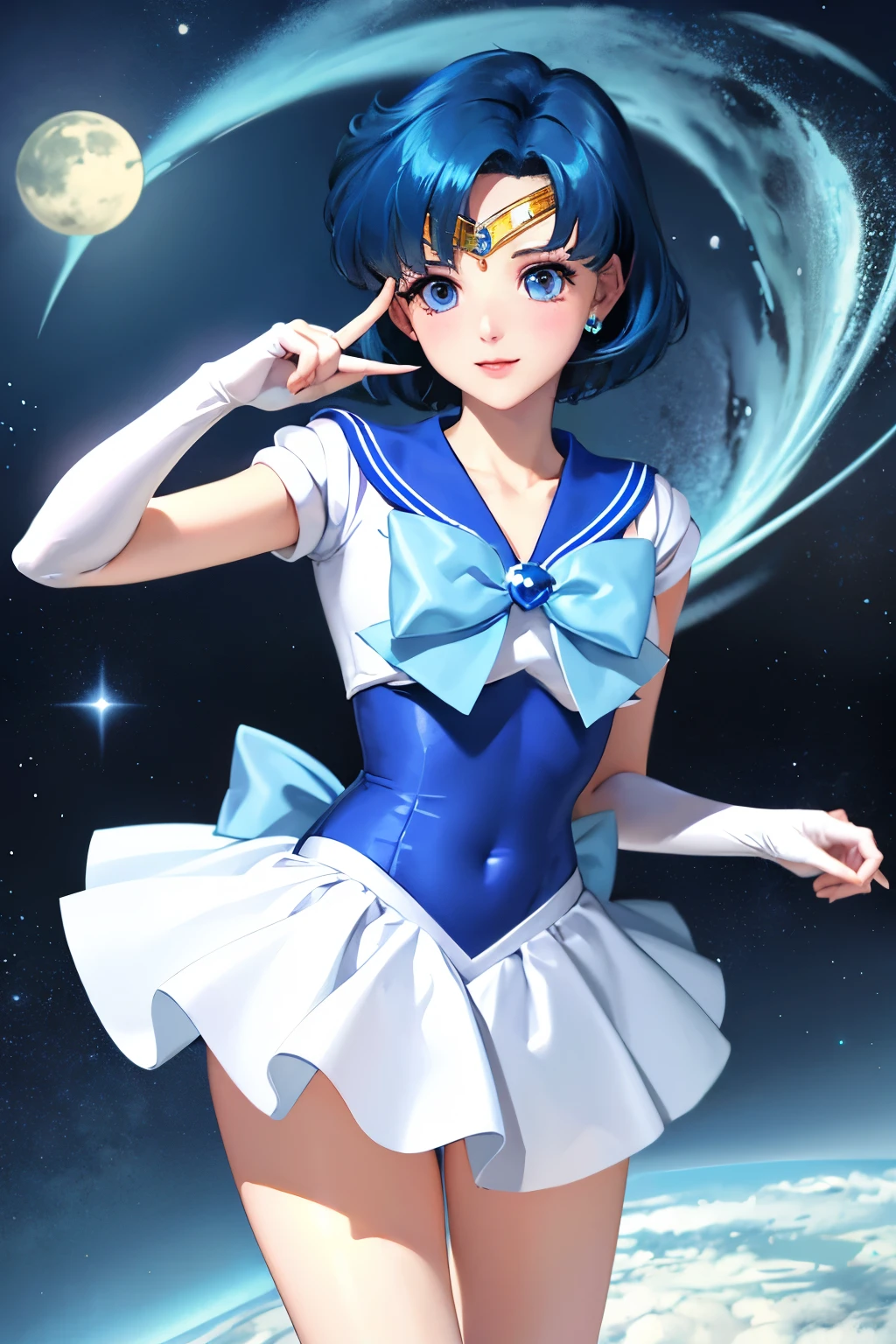 （（（Highest quality、masterpiece、Normal body、8k、Detailed face、Ultra-precision、normal hand、normal finger、５This finger、Highest）））、beautiful girl、Sailor Moon、セーラー服beautiful girl戦士、Leotard sailor suit、White high leg leotard、Blue ultra-mini skirt、Blue ribbon on chest、Circlet、Blue Hair、Bobcut、Sailor Mercury、Shyness、blush、Full body view