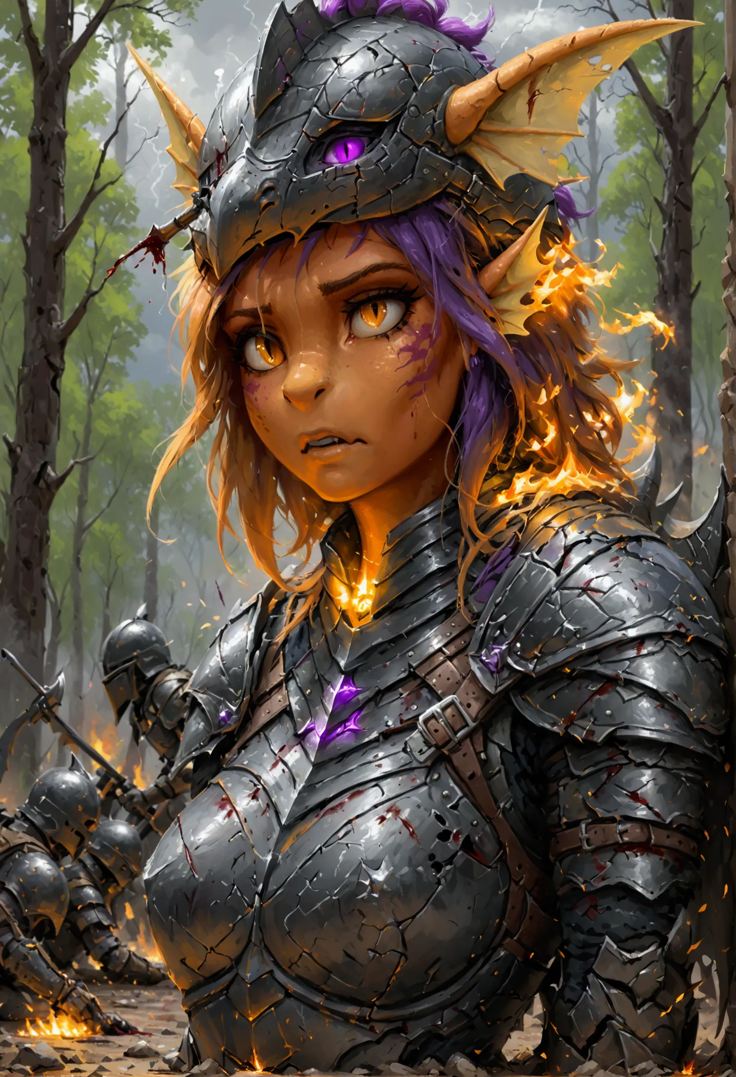 smolder, dragon, adult, big sized, female, orange skin, dragon tail, dragon wings, purple hair, scratched and dented plate armor...