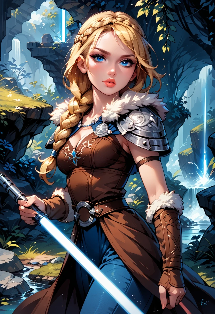 Dark Fantasy Art of score_9, score_8_up, score_7_up, rating_questionable, fantasy, lighting, epiCPhoto 1girl, solo, very sexy smuggler jedi (ASTRIDHOFFERSON, blonde hair, braid, Long hair, blue eyes, fur trim, shoulder armor, armor, pauldron:1.2), cleavage, flirt, gaze, sexy look, half-closed eyes, head tilt, filled lips, thick lips, makeup, confident look, swinging blue zzLightSaber, attack stance, motion lines from lightsaber, modelling shoot, sexy pose, rocky shore setting, dark, moody, dark fantasy style, (midnight, moonless night:1.1), cowboy shot.